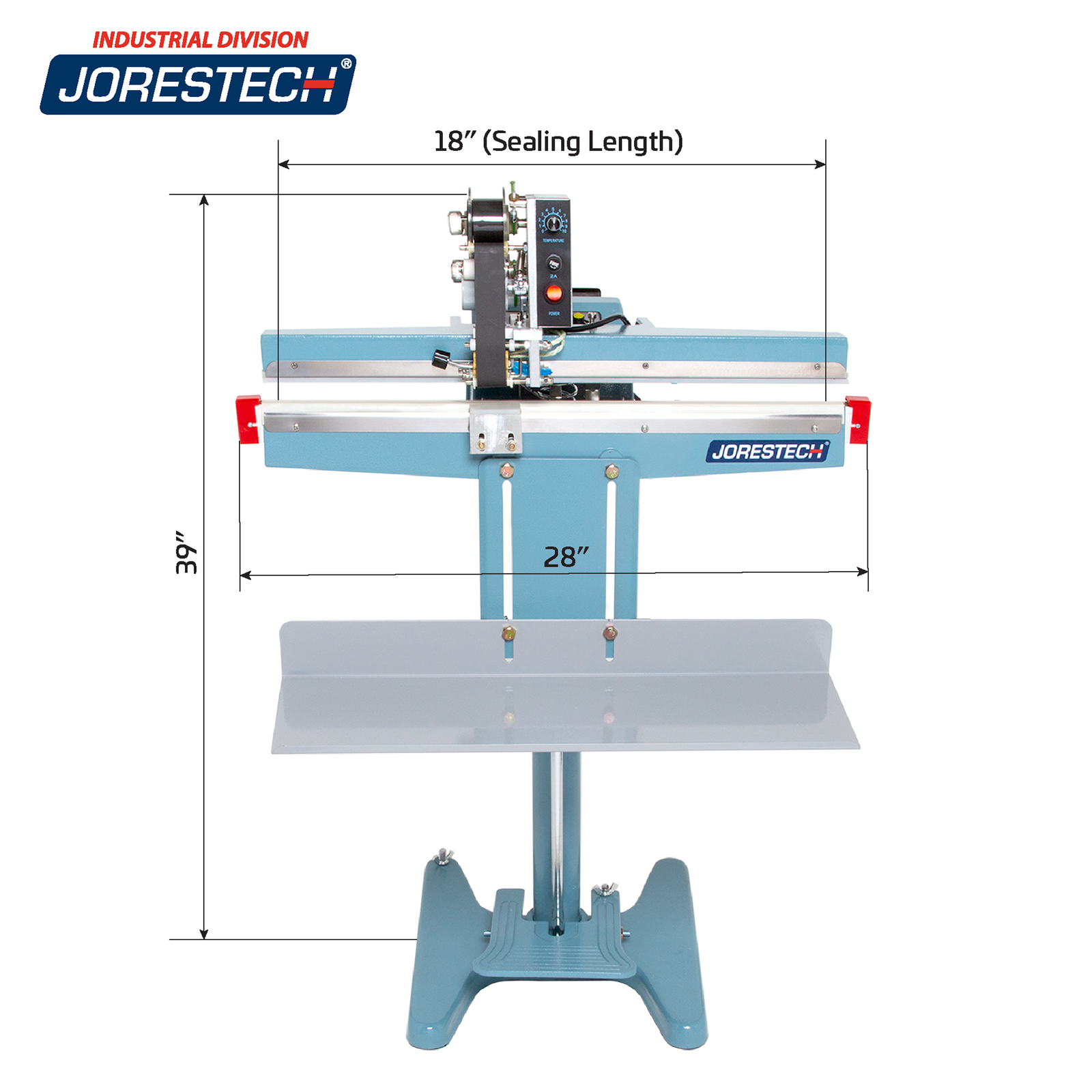 Infographic shows JORES TECHNOLOGIES® foot impulse sealer with machine measurements. Machine measurements are 28