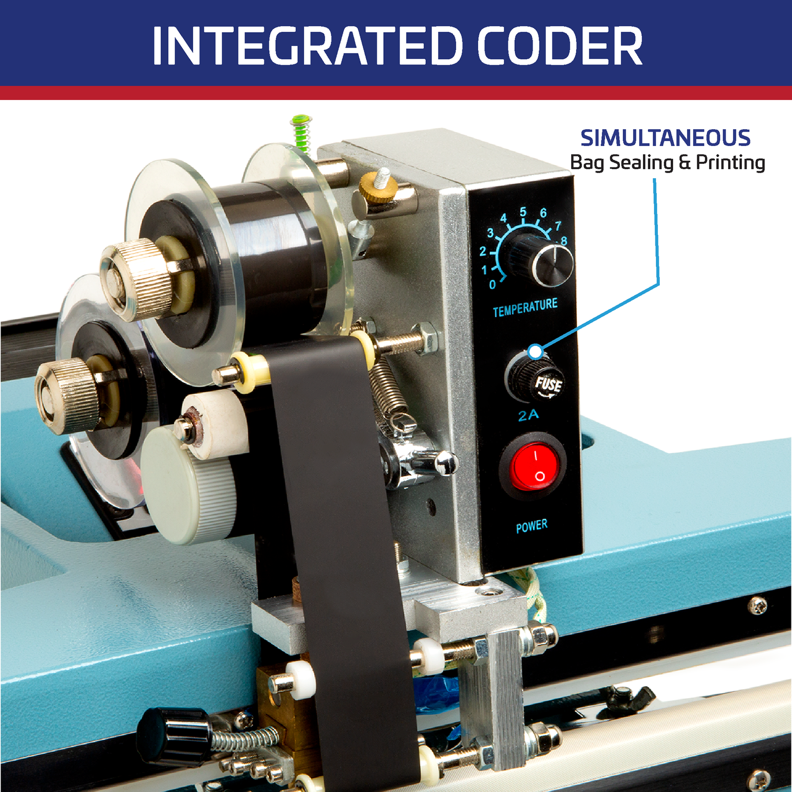 Titled reads: “Integrated Coder” shows a close up of the hot stamp printer and a text highlighting the machine’s simultaneous bag sealing and printing capabilities.