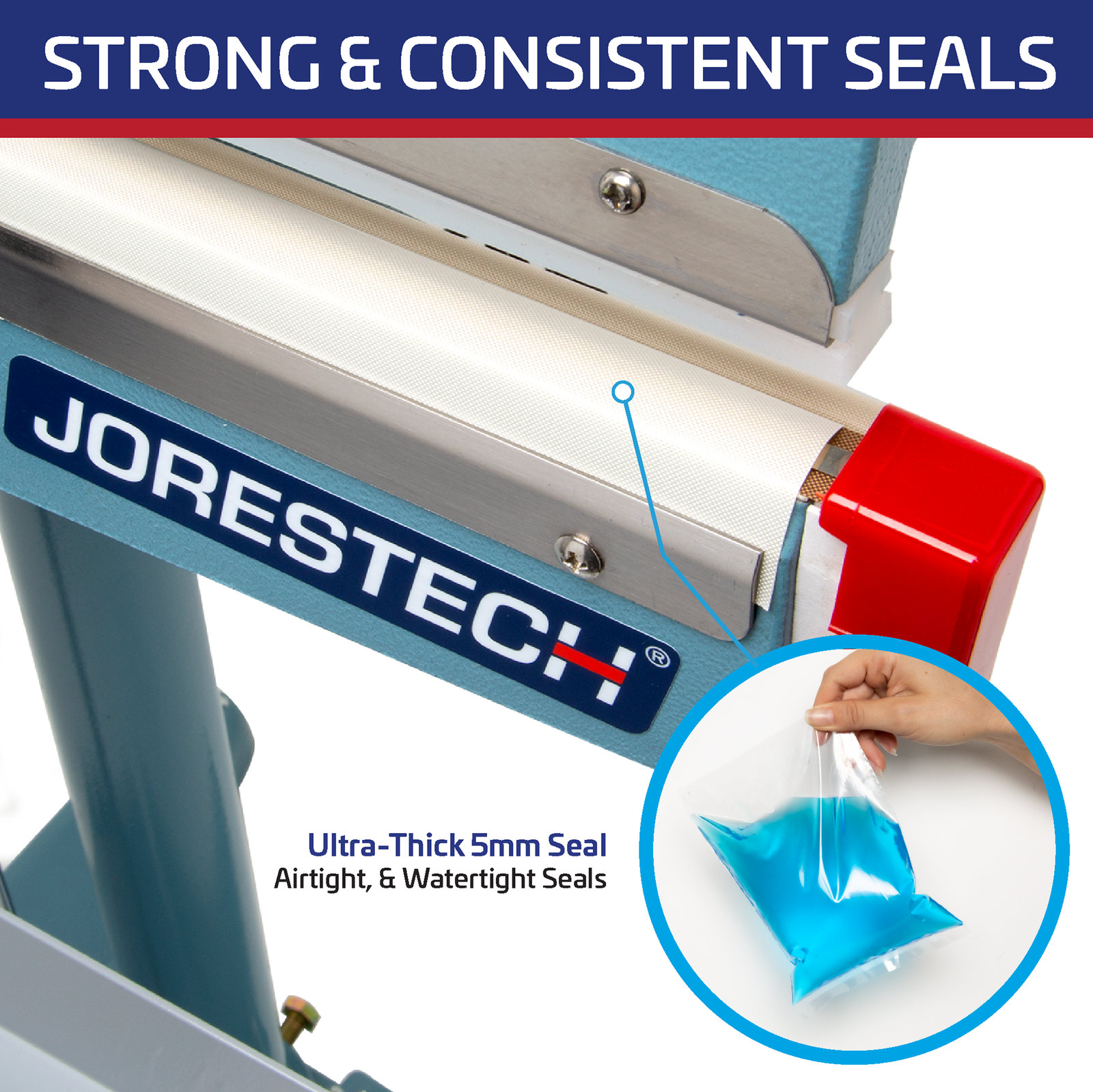 Titled reads: “strong and consistent seals” The image is zoomed in showing the sealing element. A Highlighted feature reads 