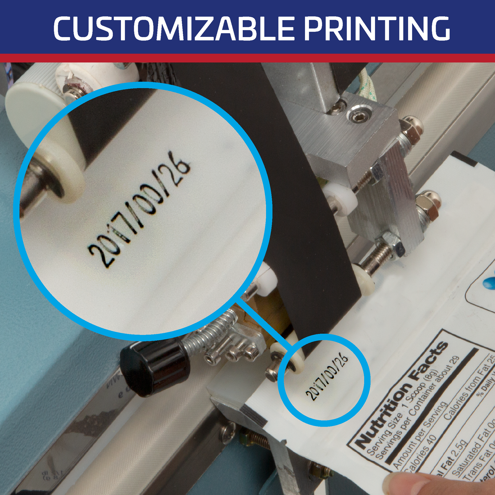 Titled reads: “customizable printing” Zoom showing the hot stamp coder printing the date on a white plastic bag.