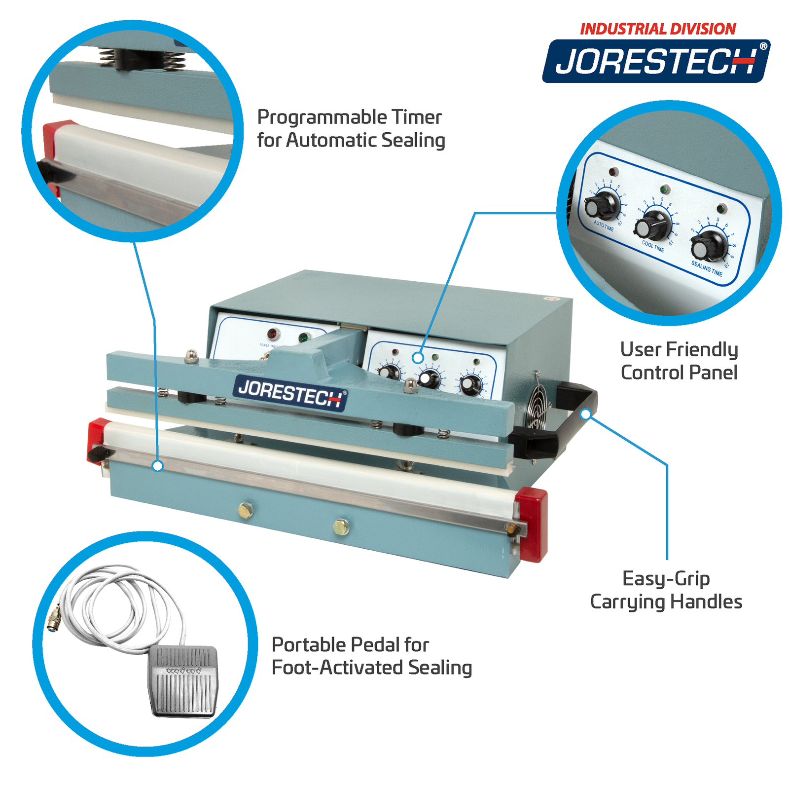 Infographic shows blue JORES TECHNOLOGIES® foot impulse bag sealer. Features include, Programmable Timer for Automatic Sealing, User Friendly Control Panel, Portable Pedal for Foot-Activated Sealing, and Easy-Grip carrying handles. Close-ups of sealing element, foot pedal, and control panel.