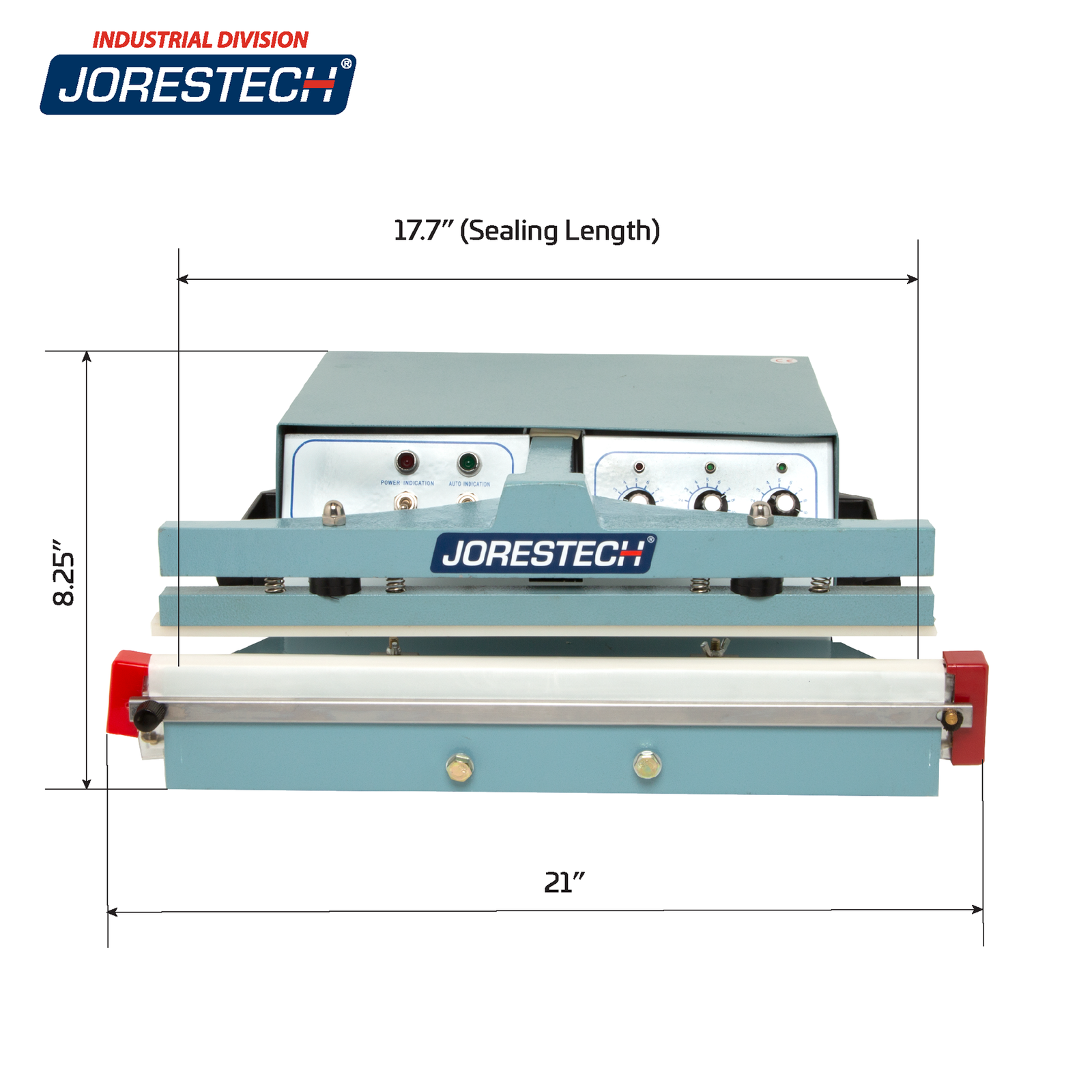 Infographic shows JORES TECHNOLOGIES® table top foot impulse sealer with machine measurements. Machine measurements are 21