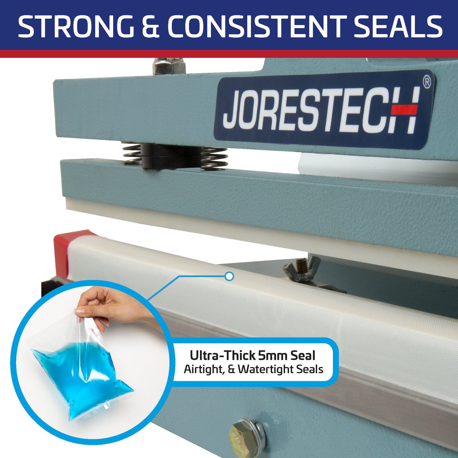 Title reads: “strong and consistent seals” Zoom showing the sealing element. A Highlighted feature reads 