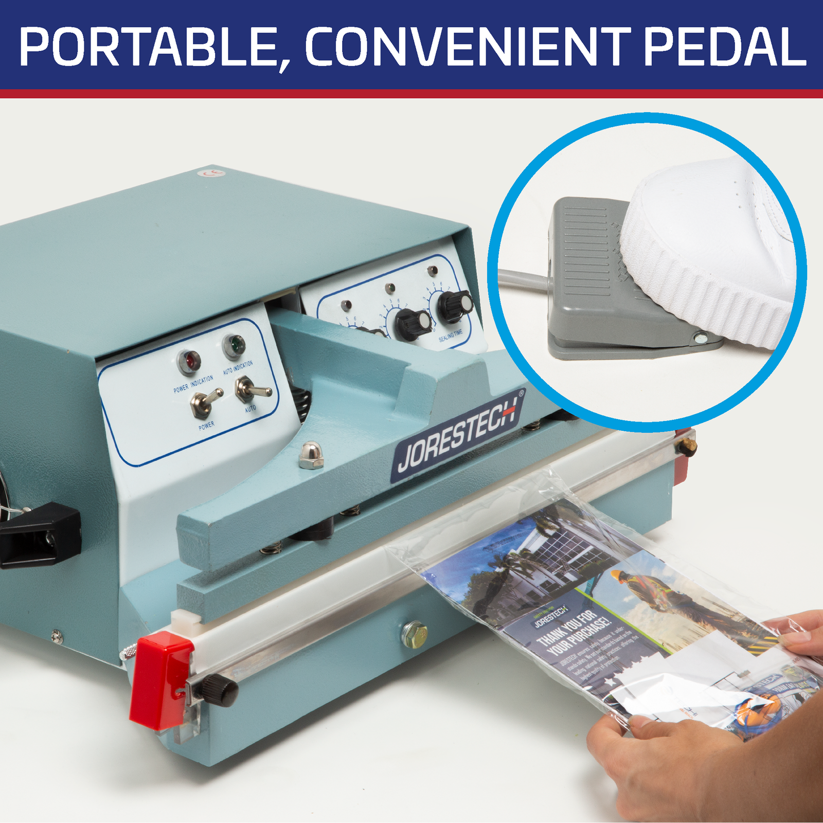 Titled reads: “Portable, Convenient Pedal” shows a promotional bundle being sealed inside a plastic bag with the JORES TECHNOLOGIES® tabletop foot sealer. Close-up of the pedal being pressed to seal the bag.
