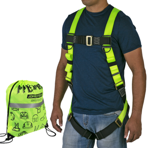 Front view of the torso of a person wearing the hi-vis yellow and black 1D fall protection safety body JORESTECH harness. There is also a lime hi-vis string bag that comes included with the harness