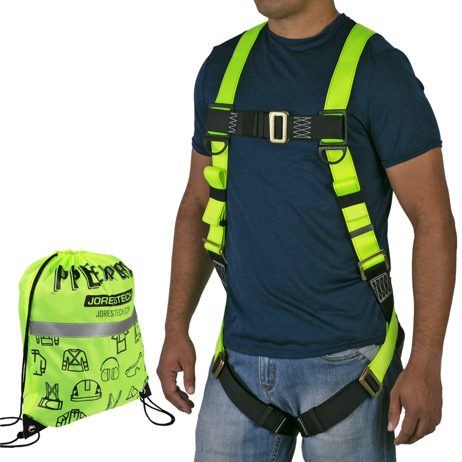 Front view of the torso of a person wearing the hi-vis yellow and black 1D fall protection safety body JORESTECH harness. There is also a lime hi-vis string bag that comes included with the harness