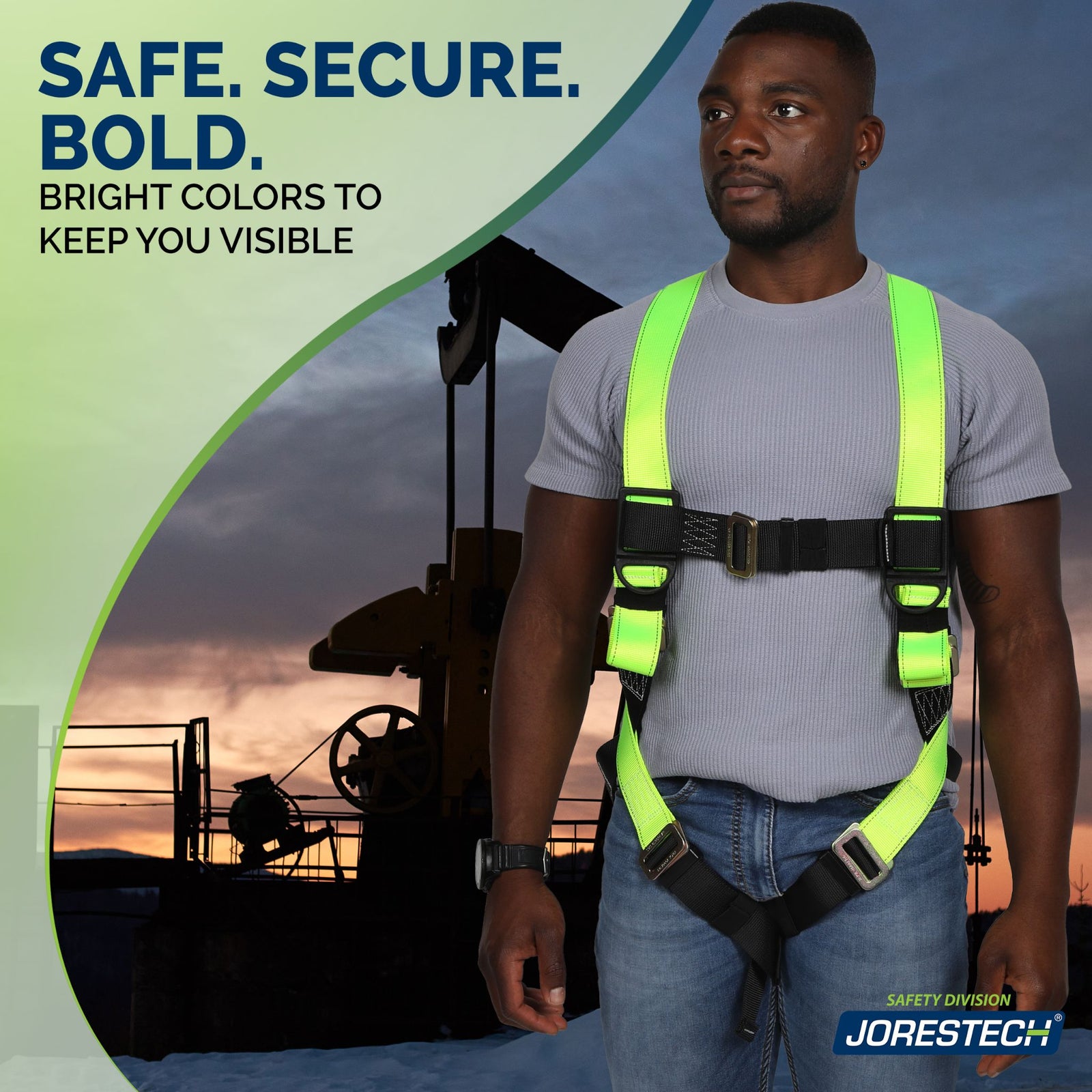 Man wearing the 1D fall protection safety body harness. Text reads: Bold. Secure and Safe. 