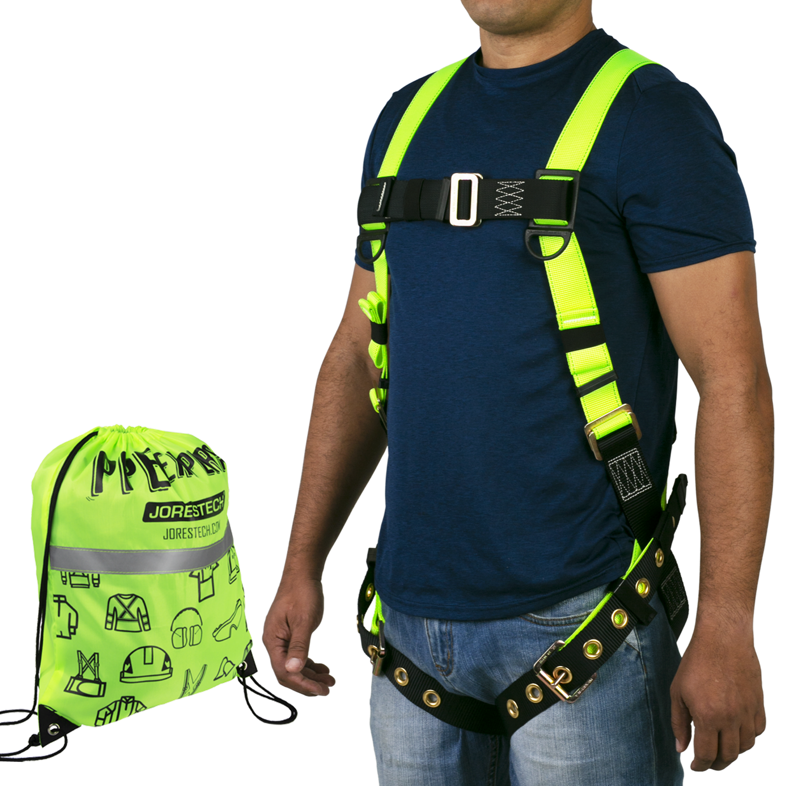 JORESTECH Safety Harness Full Body Protection Fall Arrest Yellow/Lime Back D Ring Grommet Leg Straps ANSI with High