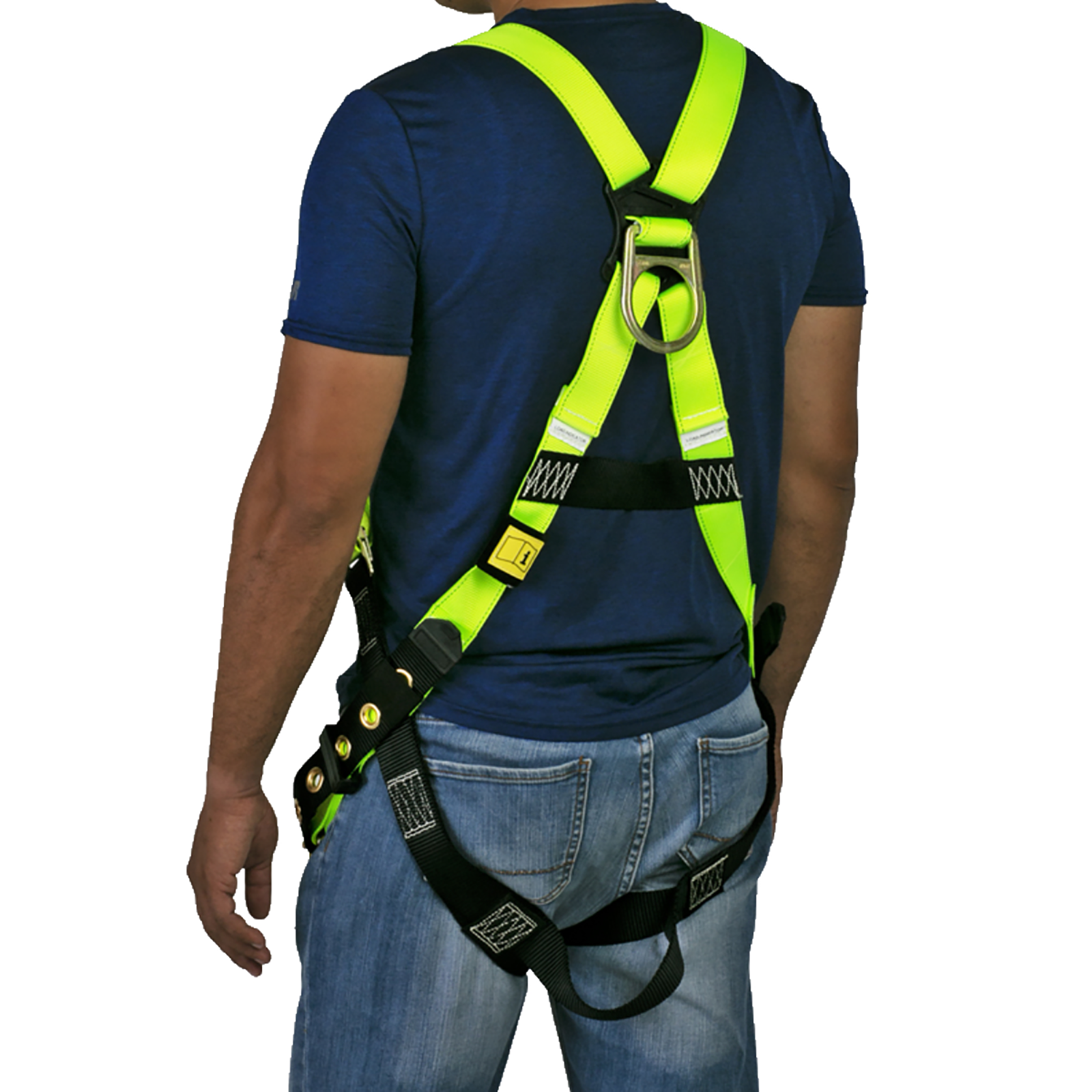 Back view of the torso of a person wearing the hi-vis yellow and black 1D fall protection safety body JORESTECH harness