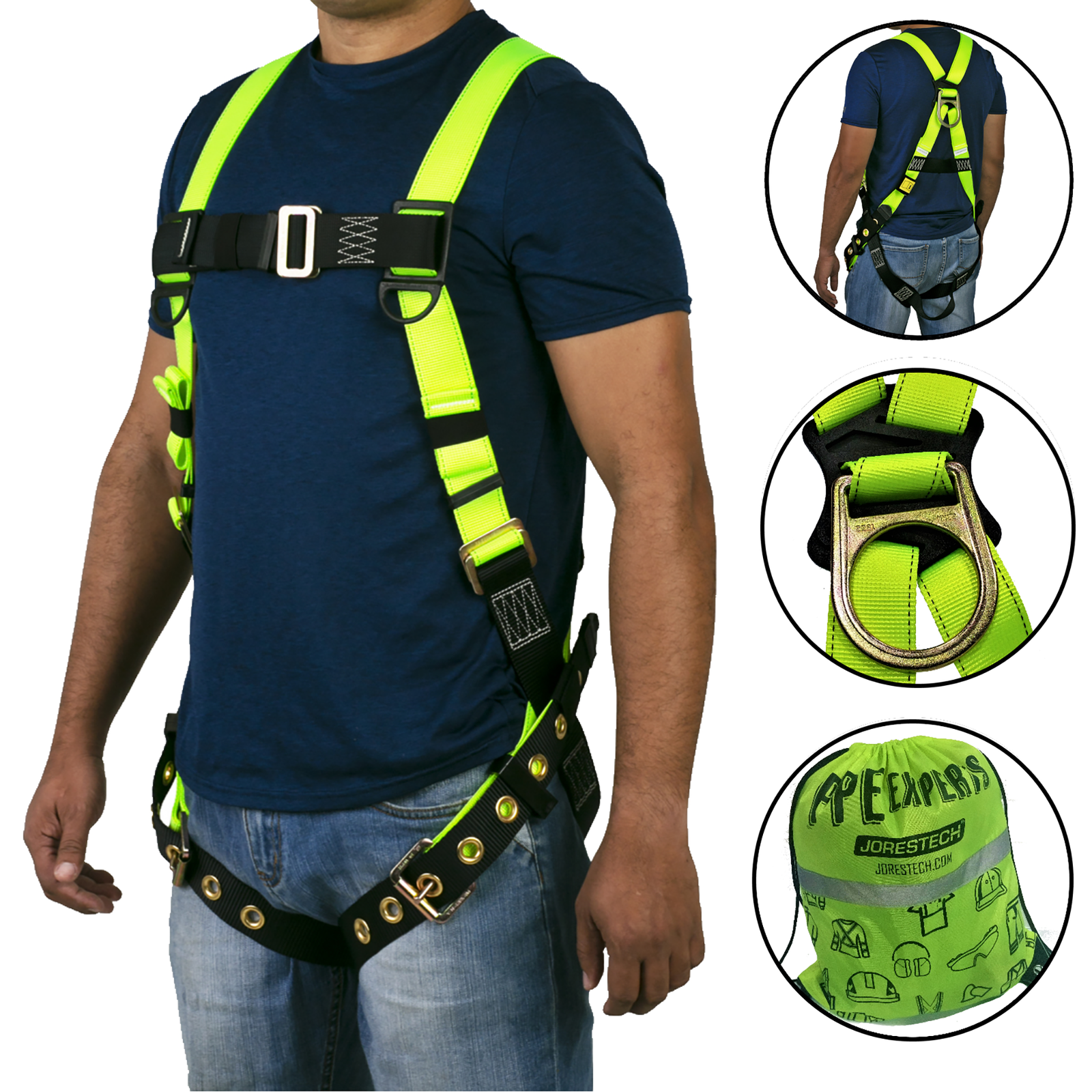 The torso of a person wearing the hi-vis yellow and black 1D fall protection safety body JORESTECH harness with grommets. Also shows the back view of the same person wearing the harness,  a close up of the back ring and a picture of the hi-vis lime carry bag that is included with the harness.