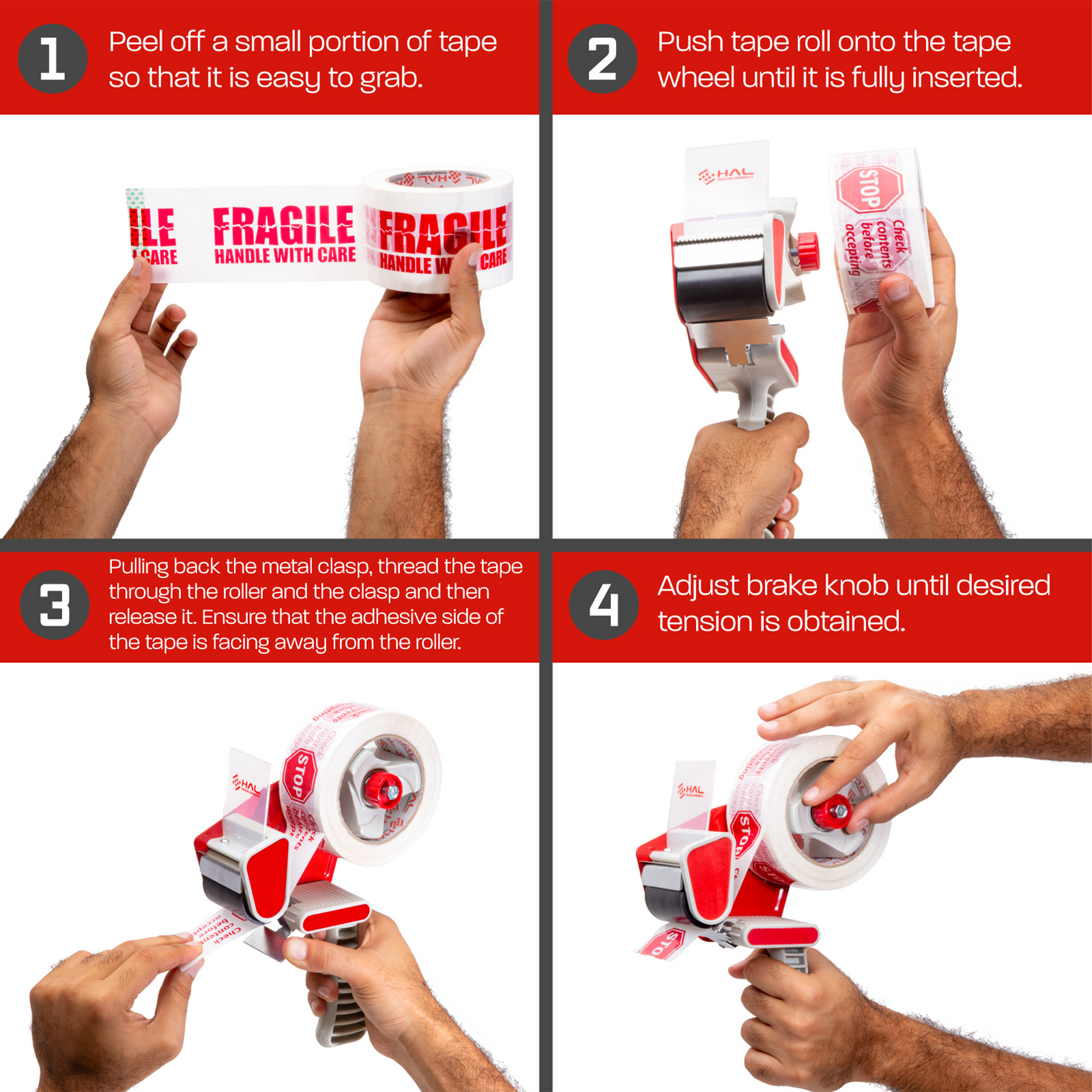diagram showing four steps in red on how to input roll of tape dispenser.