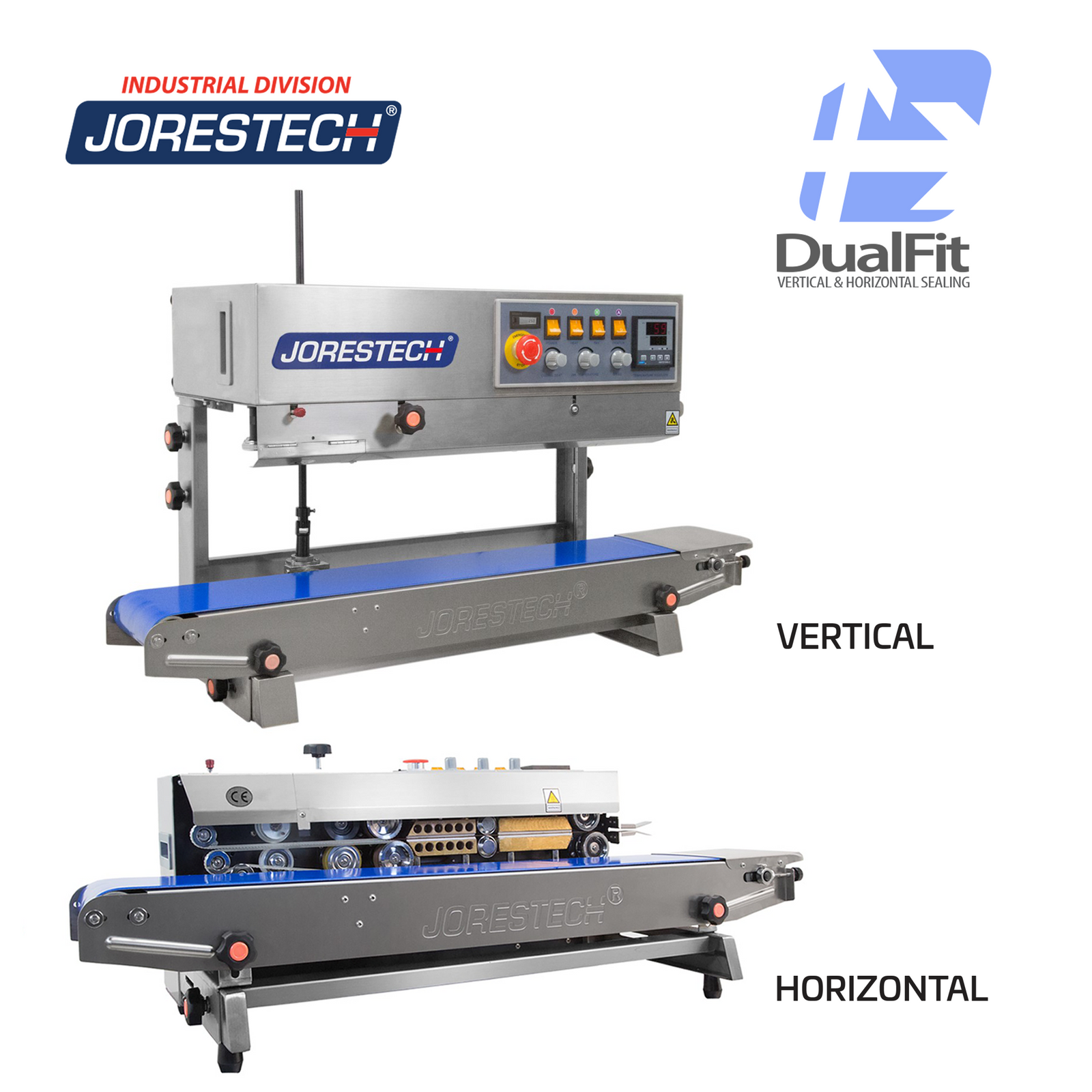 Showing the vertical and horizontal positioning of the  stainless steel JORESTECH continuous band sealer for 220V. Dual fit logo with arrows indicate that this table top bag sealer can be used for vertical and for horizontal applications. 