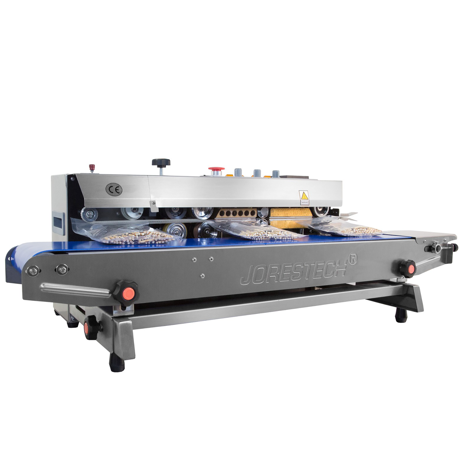 JORESTECH Continuous band sealer with coder is set in an horizontal while sealing bags filled with product.