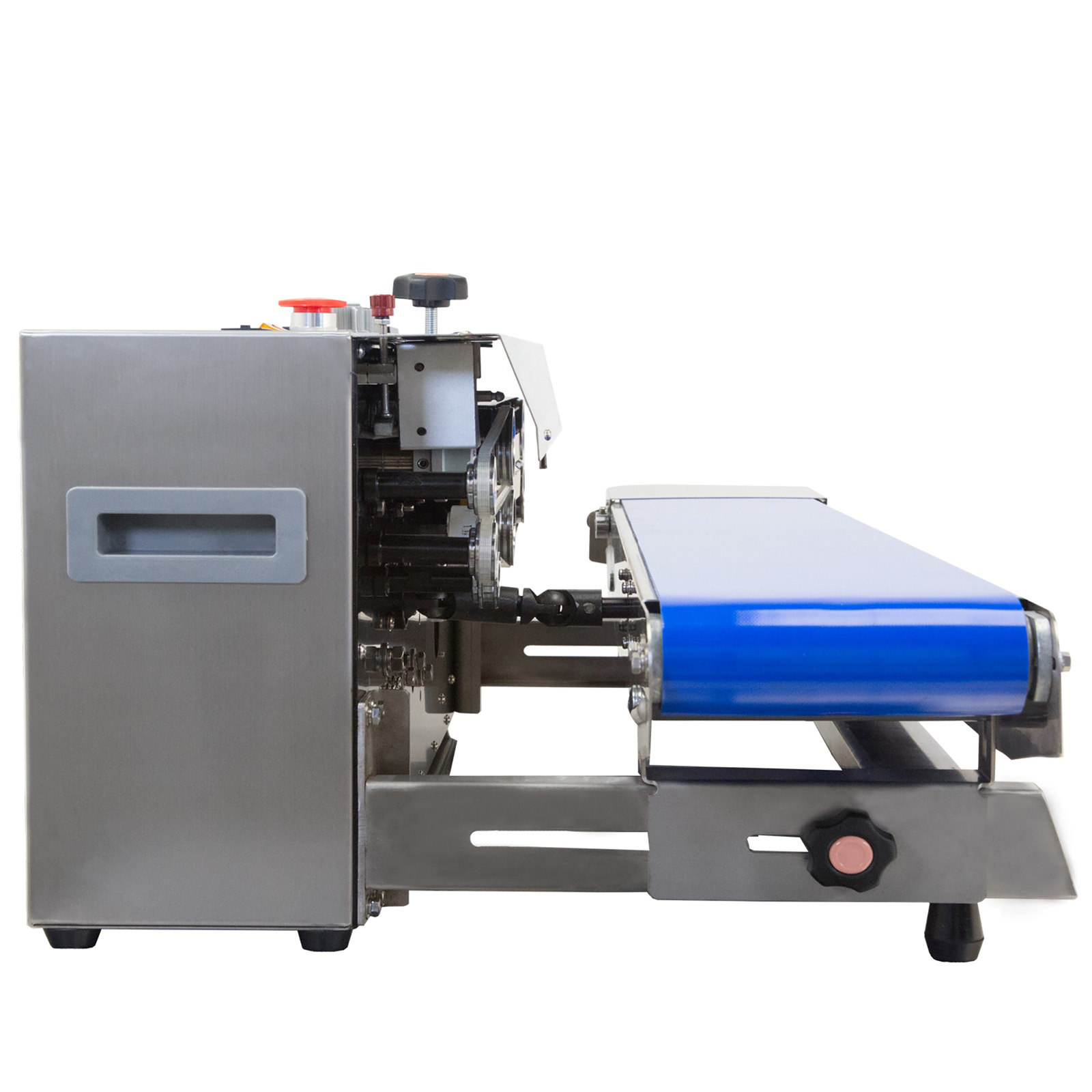 side view of stainless steel 200v continuous band sealer with coder and blue motorized conveyor belt set for horizontal applications