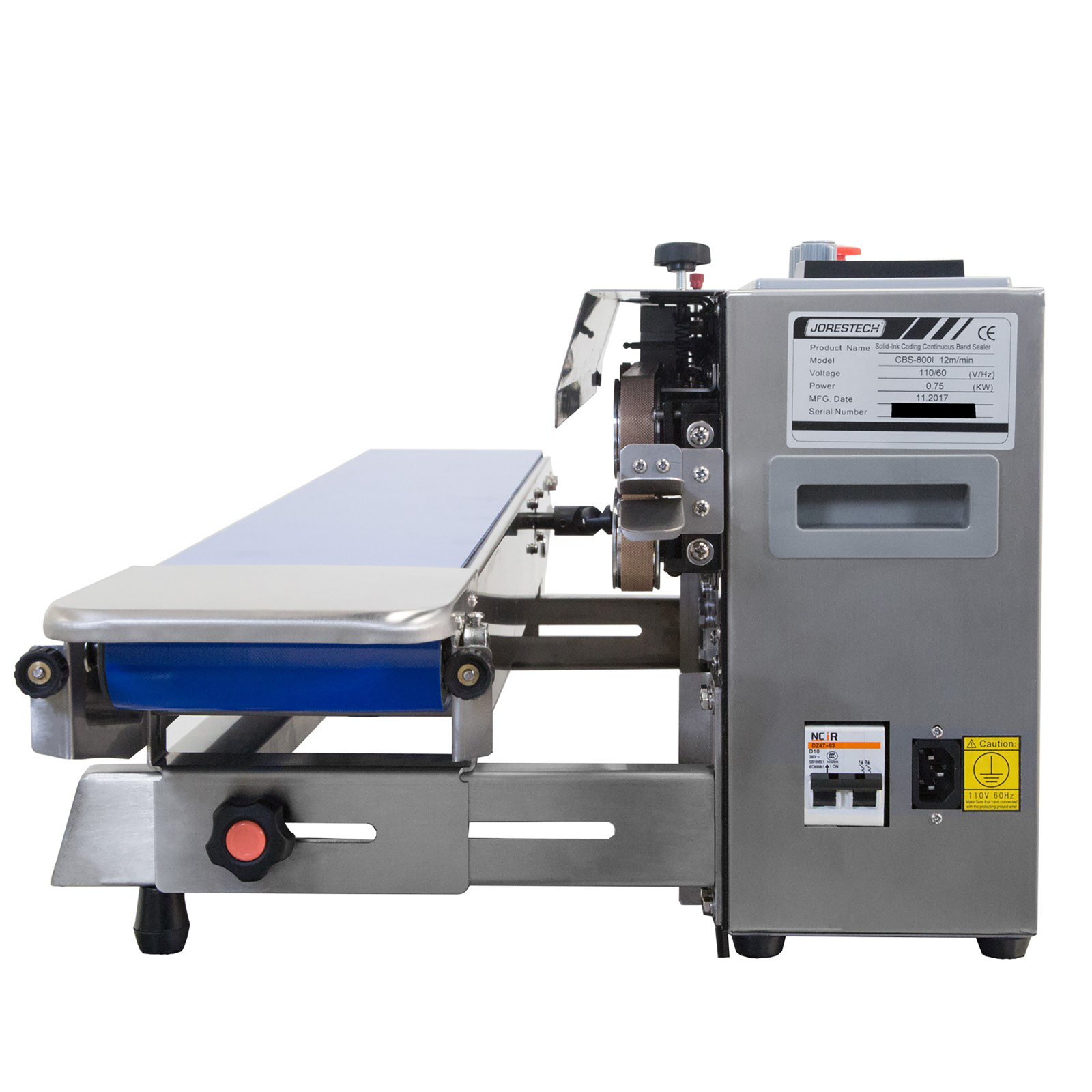 side view of stainless steel continuous band sealer set for horizontal applications