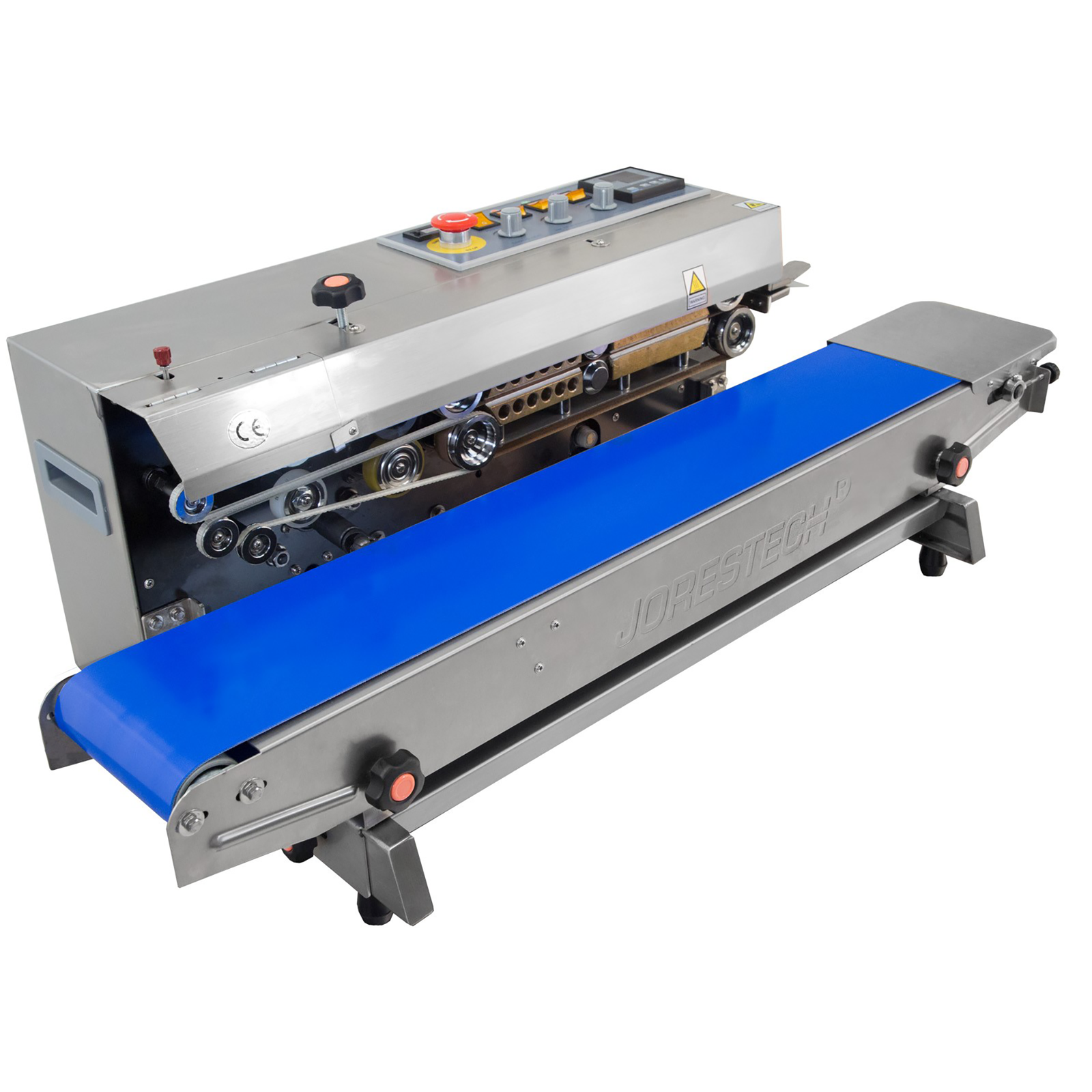 side view of the JORESTECH stainless steel continuous band sealer set in an horizontal position