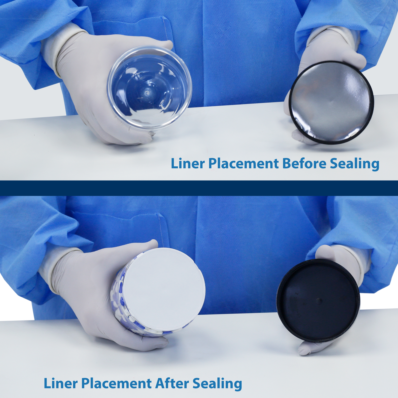 Placement of the induction liner before it has been sealed and the liner attached to the container after it has been sealed