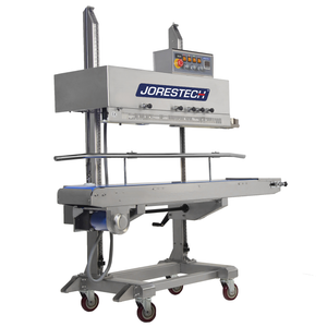 Diagonal view of the JORESTECH stainless steel vertical continuous band sealer for 220V with coder and wheels over white background