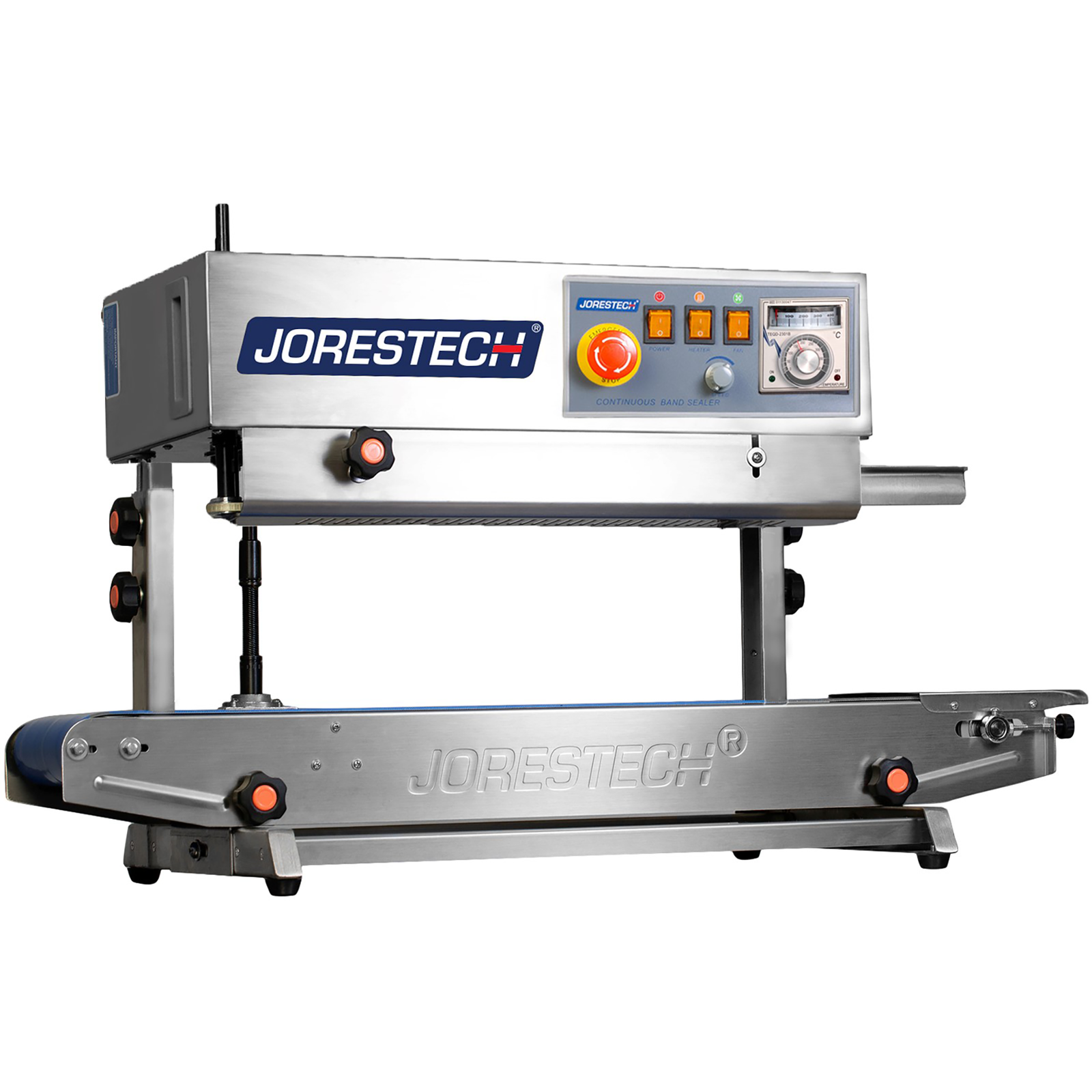 Front view of the JORESTECH stainless steel continuous band sealer for 220v set for vertical applications 