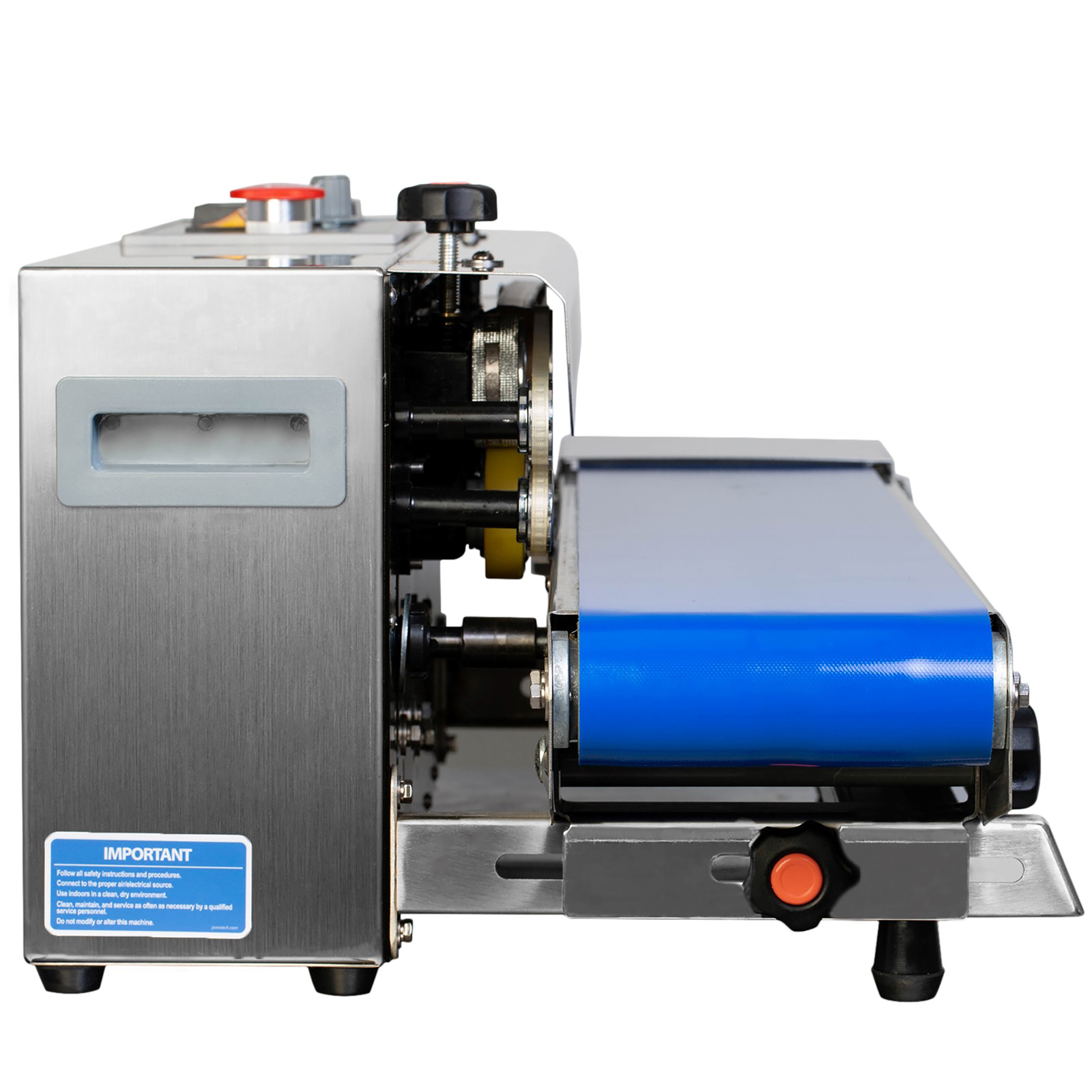 side view of stainless steel continuous band sealing machine with blue band. Also shows the knob to adjust the position of the band.
