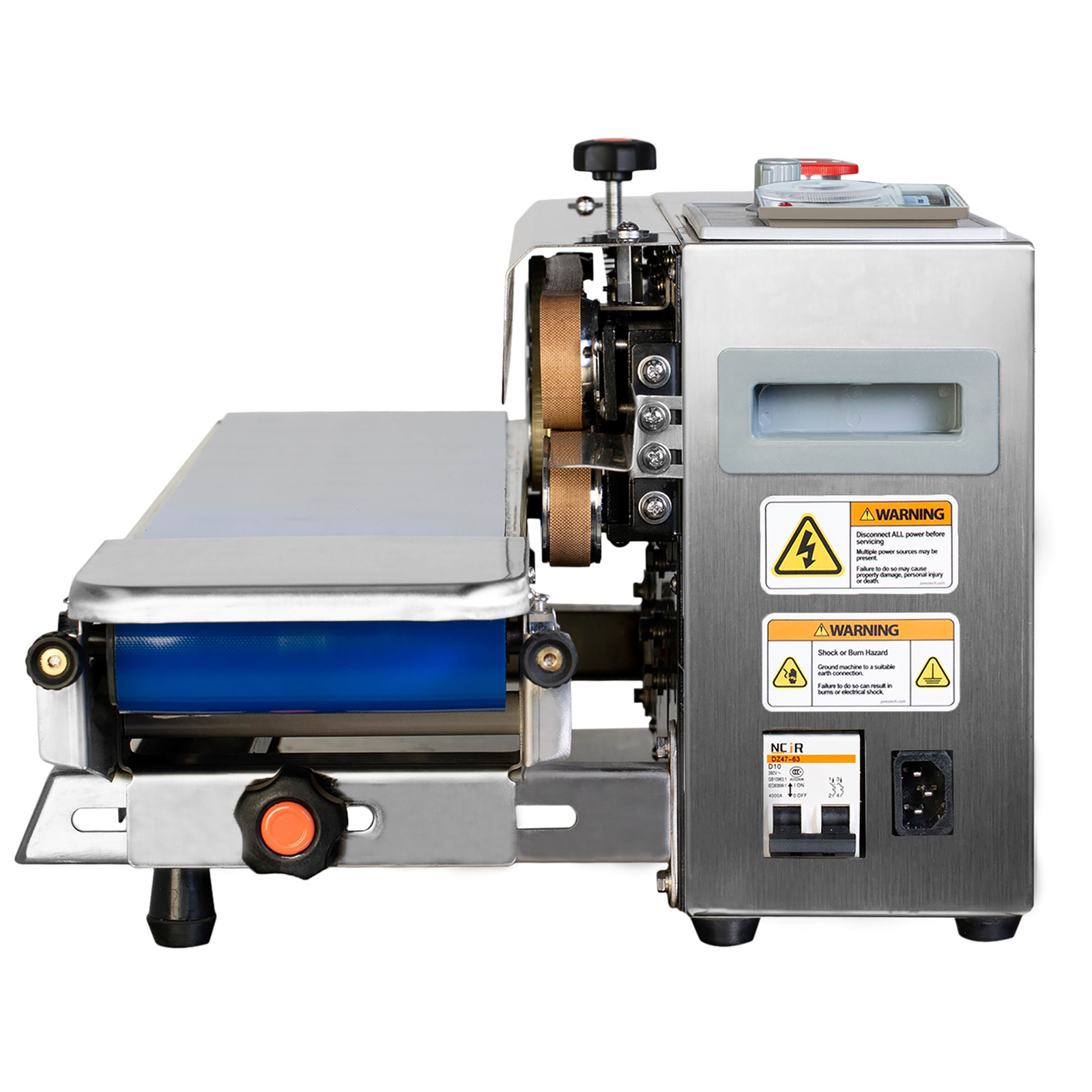 side view of the JORESTECH stainless steel jorestech horizontal and vertical continuous band sealing machine with blue band set for horizontal application