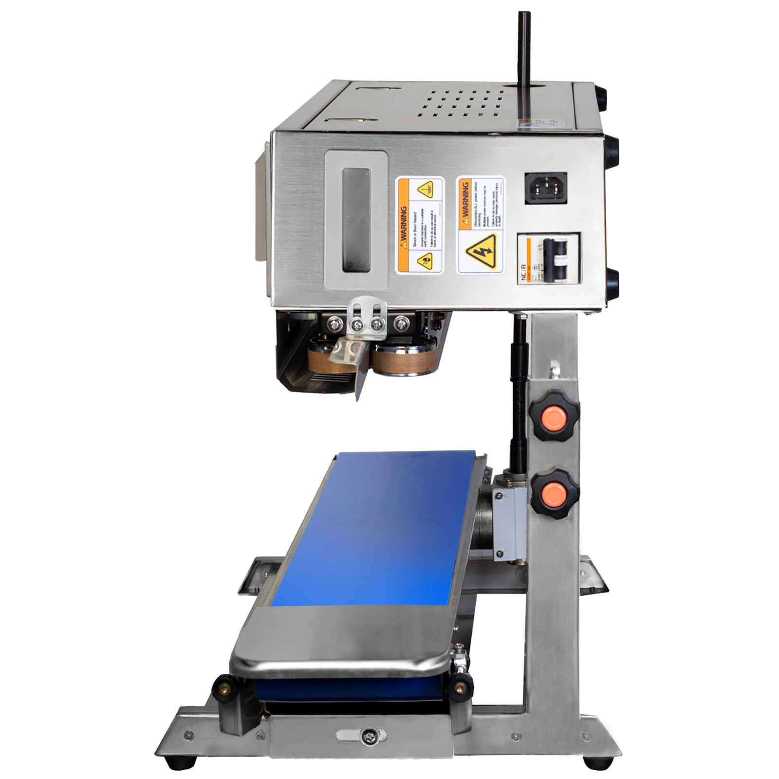 side view of stainless steel JORES TECHNOLOGIES® table top continuous bag sealer for 220v with blue band