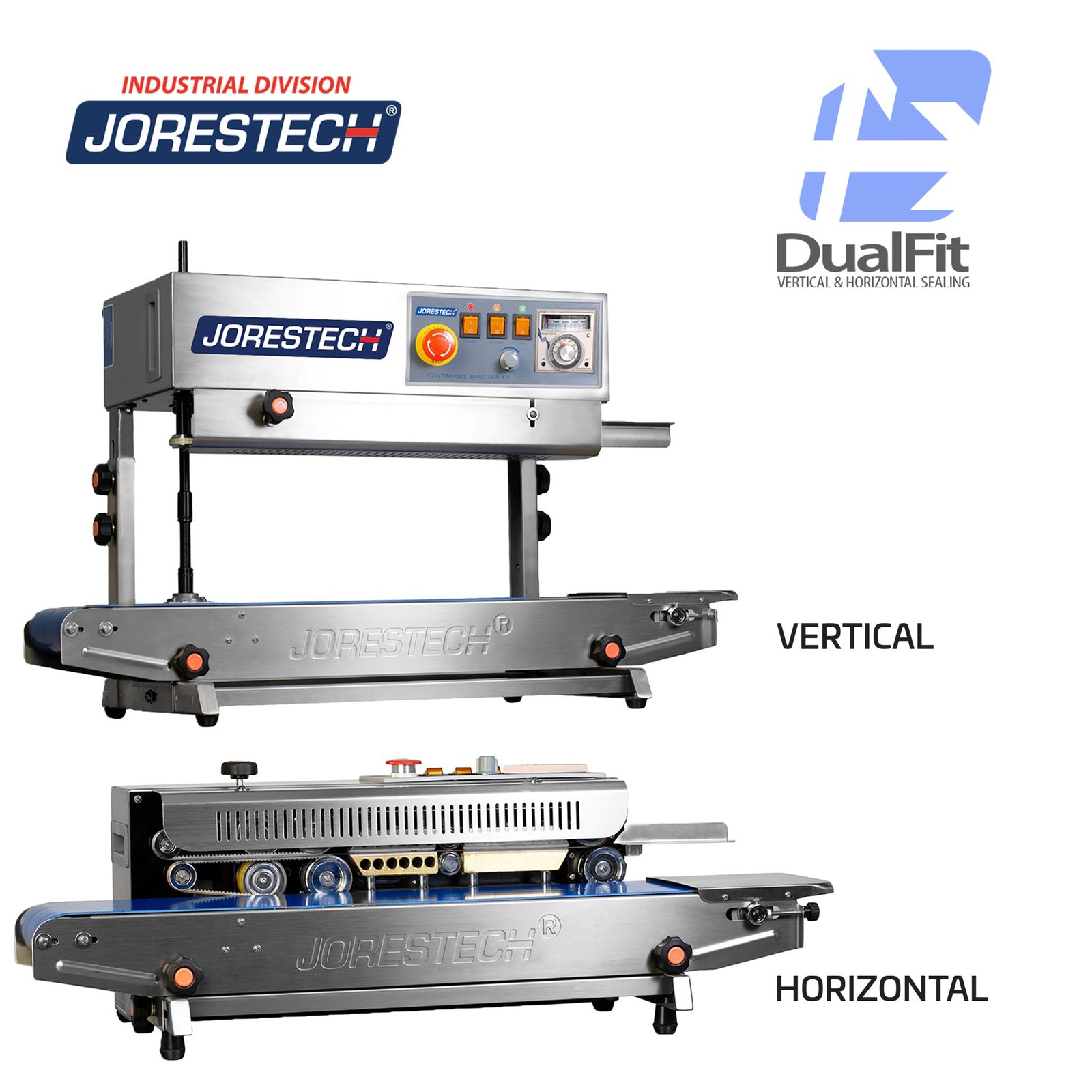 showing the vertical and horizontal positioning of the  stainless steel JORESTECH continuous band sealer. Dual fit logo with arrows indicate that this table top bag sealer can be used for vertical and for horizontal applications. 