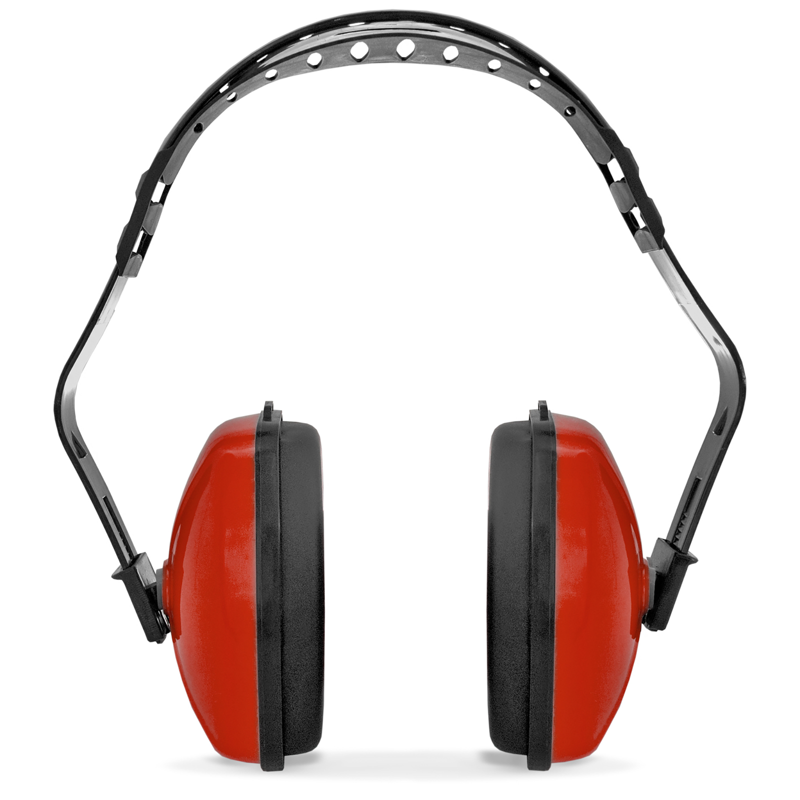 Front view of the red and black 23 NRR noise reduction JORESTECH ear muff for hearing protection