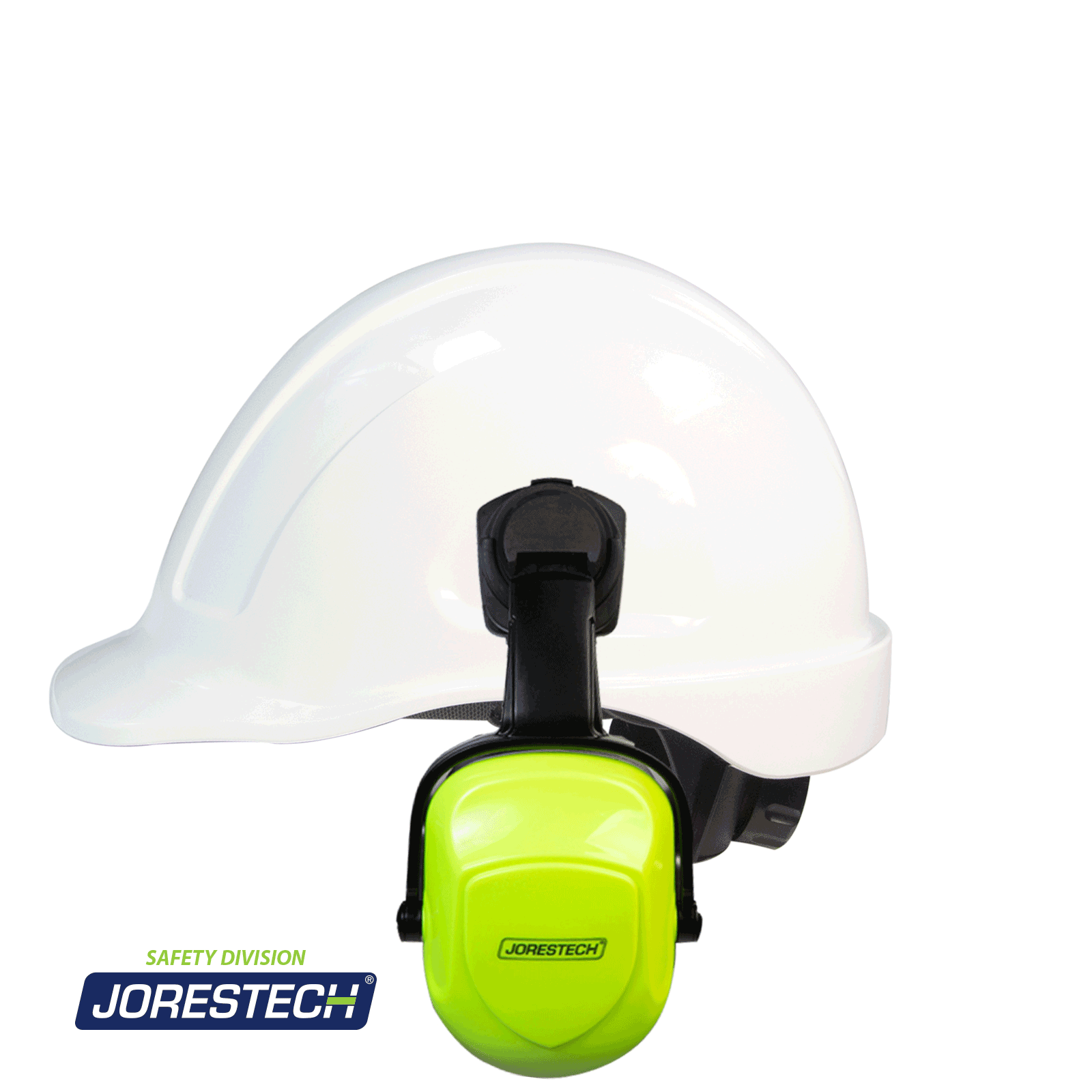 Feature how the JORESTECH ear muffs can move a do a full circumference while installed in a hard hat. Message reads: 360 degrees versatility