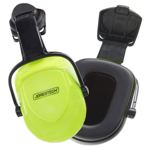 One pair of high visibility lime and black noise cancelling hearing protection JORESTECH® ear muffs for slotted hard hats