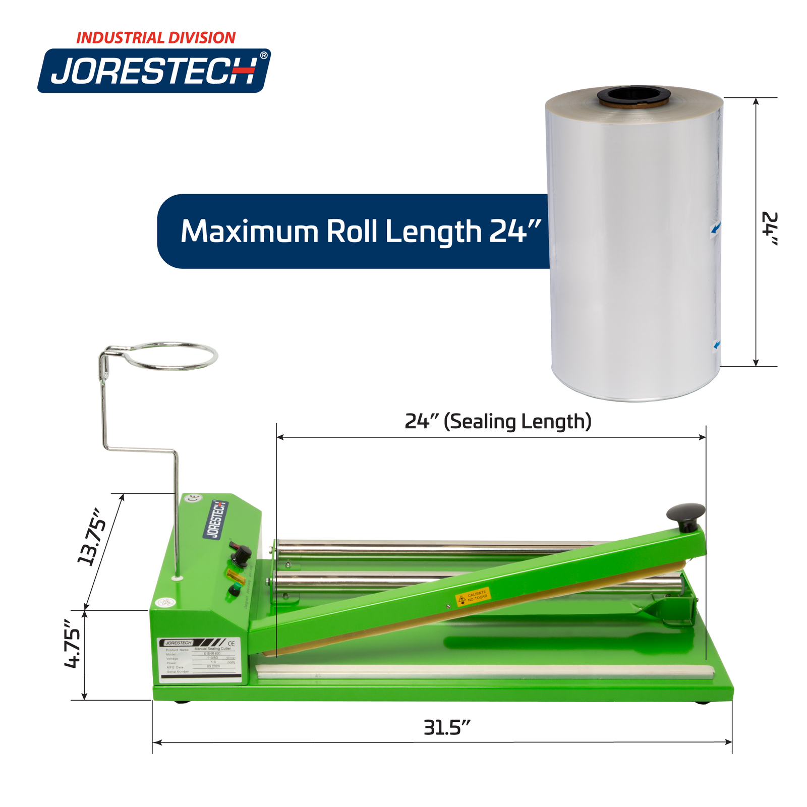 Shows a JORES TECHNOLOGIES® shrink film roll and a green, JORES TECHNOLOGIES® shrink packaging unit with their respective measurements. A blue text next to the shrink roll reads 