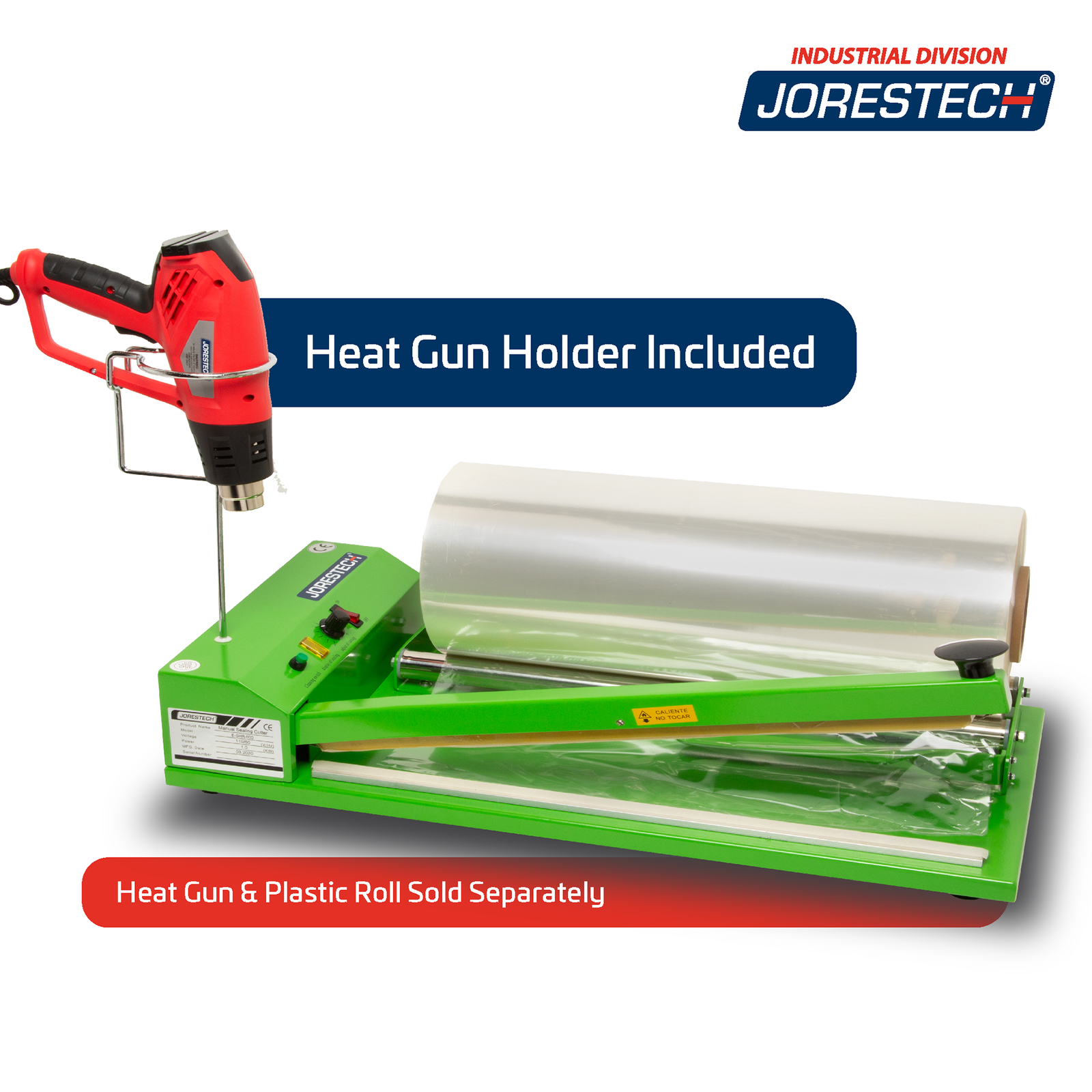 Green metal shrink packaging machine with a roll of shrink film resting on the machine's film holder and a heat gun placed on the gun holder. A blue text reads: 