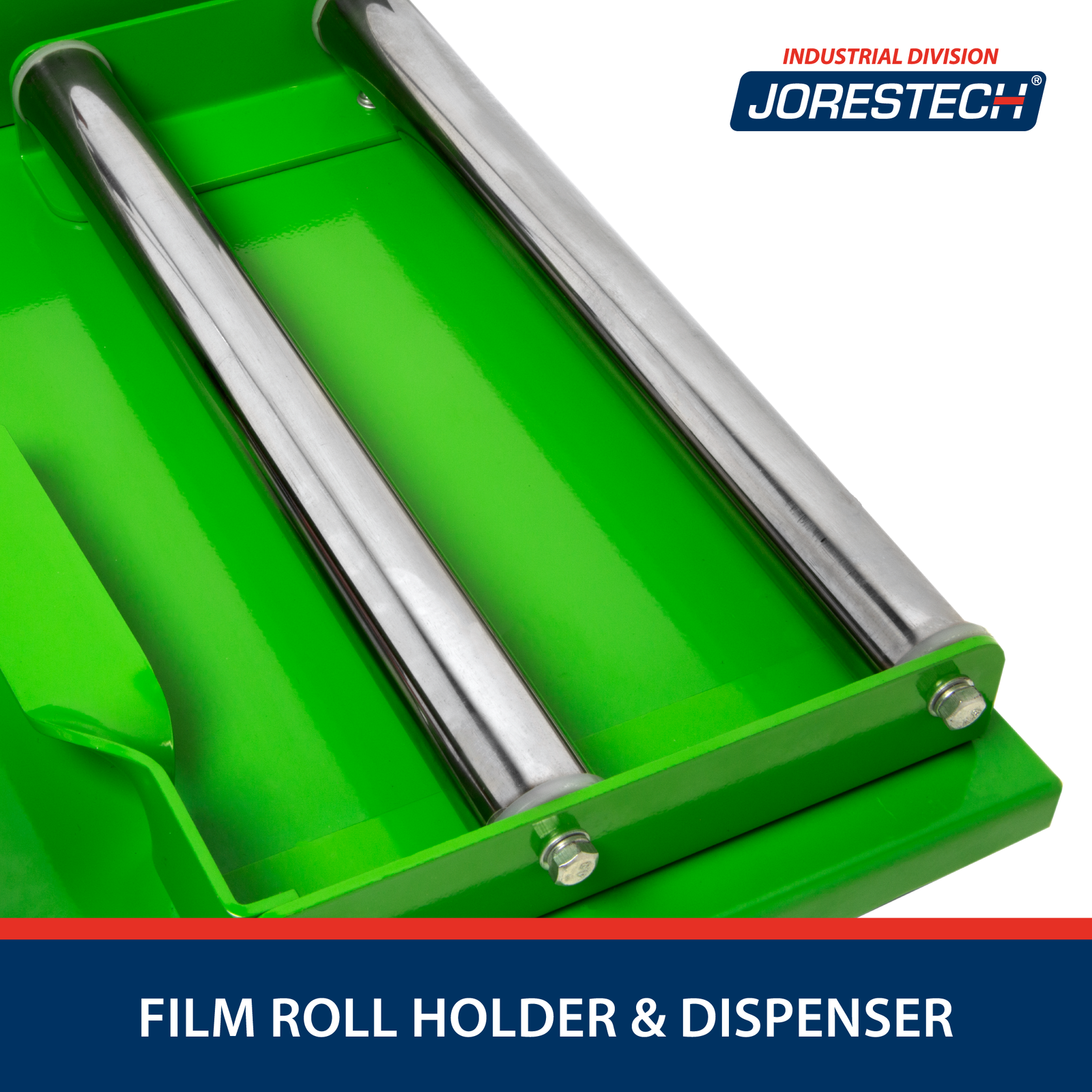 Close-up of the shrink roll holder bars on a shrink wrapping film dispenser and sealer machine. Text on the bottom reads “Film Roll Holder & Dispenser”.