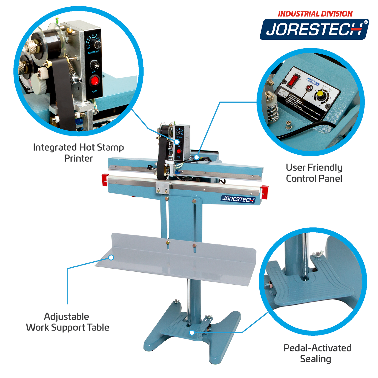 Infographic shows JORES TECHNOLOGIES® foot impulse bag sealer. Highlighted features include, Integrated Hot Stamp Printer, User Friendly Control Panel, Pedal-Activated Sealing, and Adjustable Work Support Table. Close-ups of hot stamp printer, foot pedal, and control panel