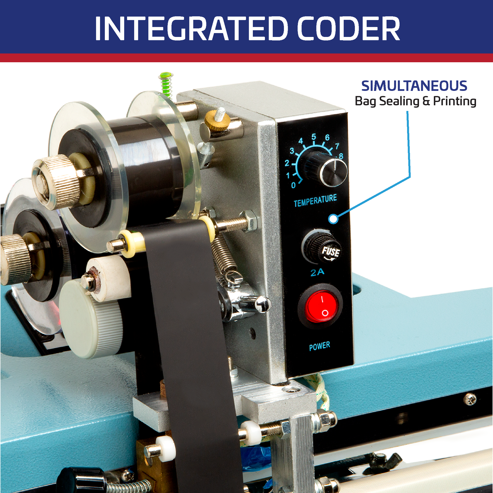 Title reads: “Integrated Coder” shows a close up of the hot stamp printer and a text highlighting the machine’s simultaneous bag sealing and printing capabilities.