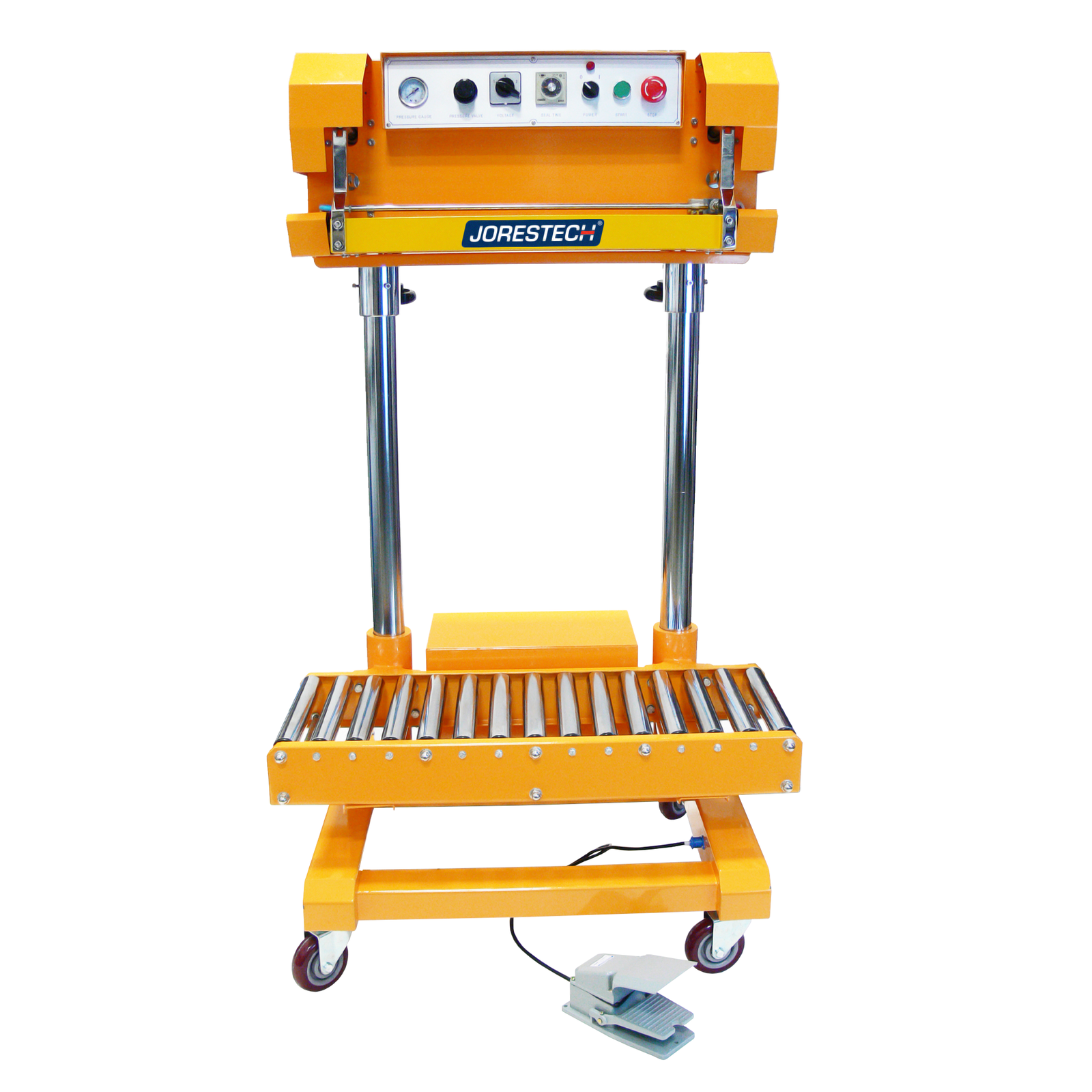  Yellow JORES TECHNOLOGIES® pneumatic foot impulse bag sealer with pedal and integrated roller conveyor 