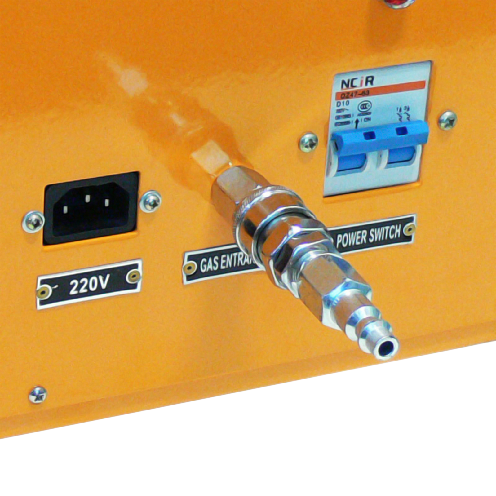 Close-up of following details on an impulse heat bag sealer: 220v Power Socket, Gas entrance connector, and power switch.