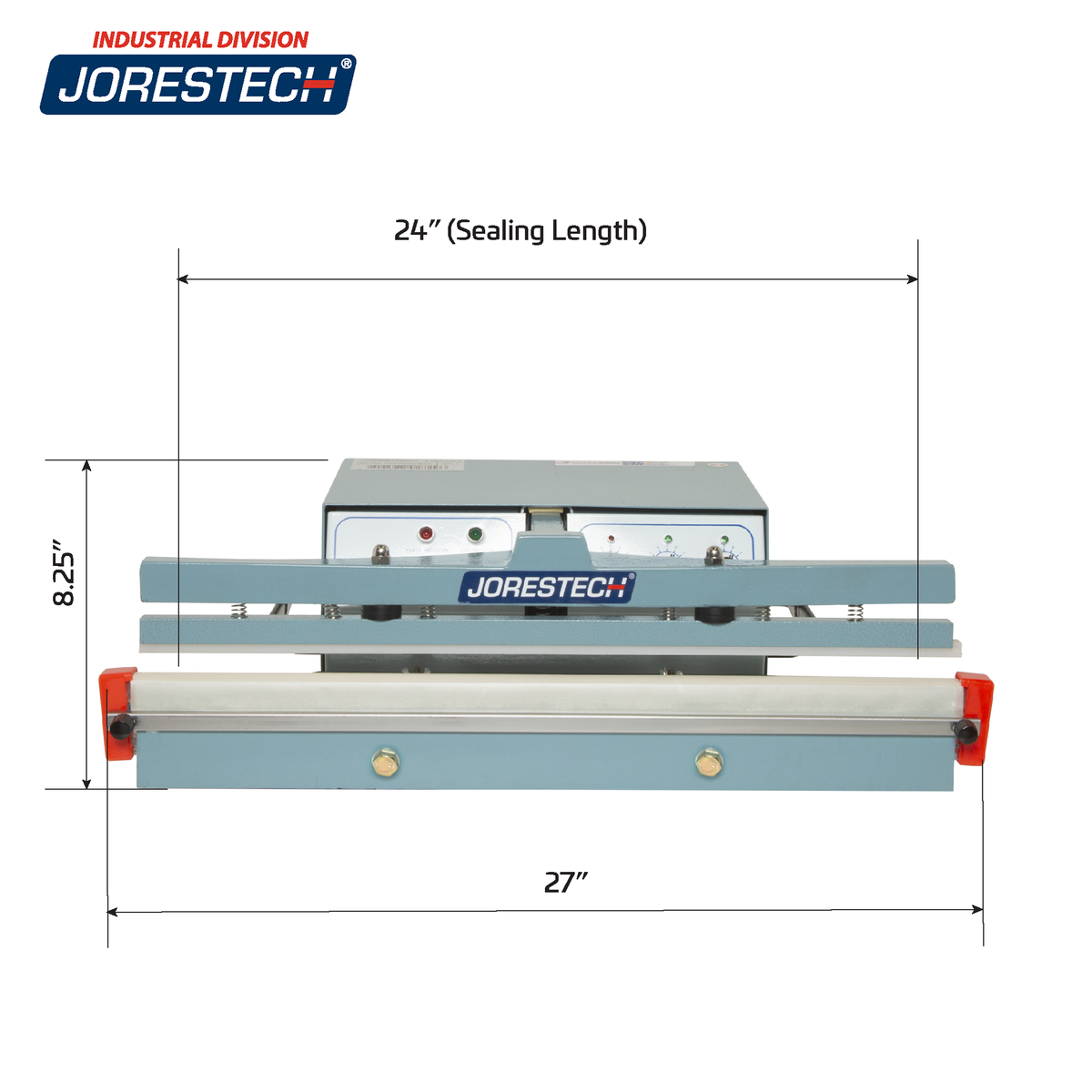 Infographic shows JORES TECHNOLOGIES® table top foot impulse bag sealer with machine measurements. Machine measurements are 27