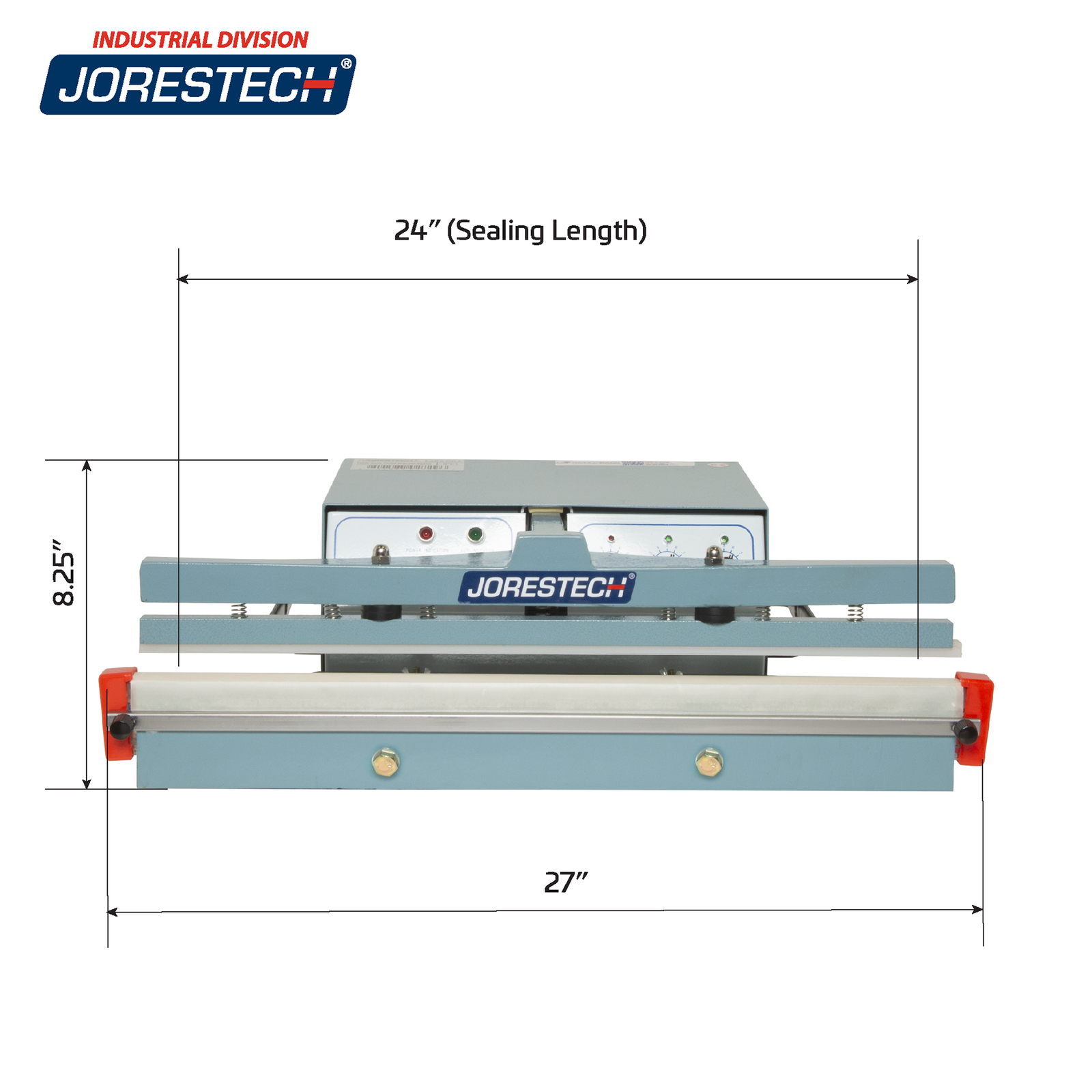 Infographic shows JORES TECHNOLOGIES® table top foot impulse bag sealer with machine measurements. Machine measurements are 27