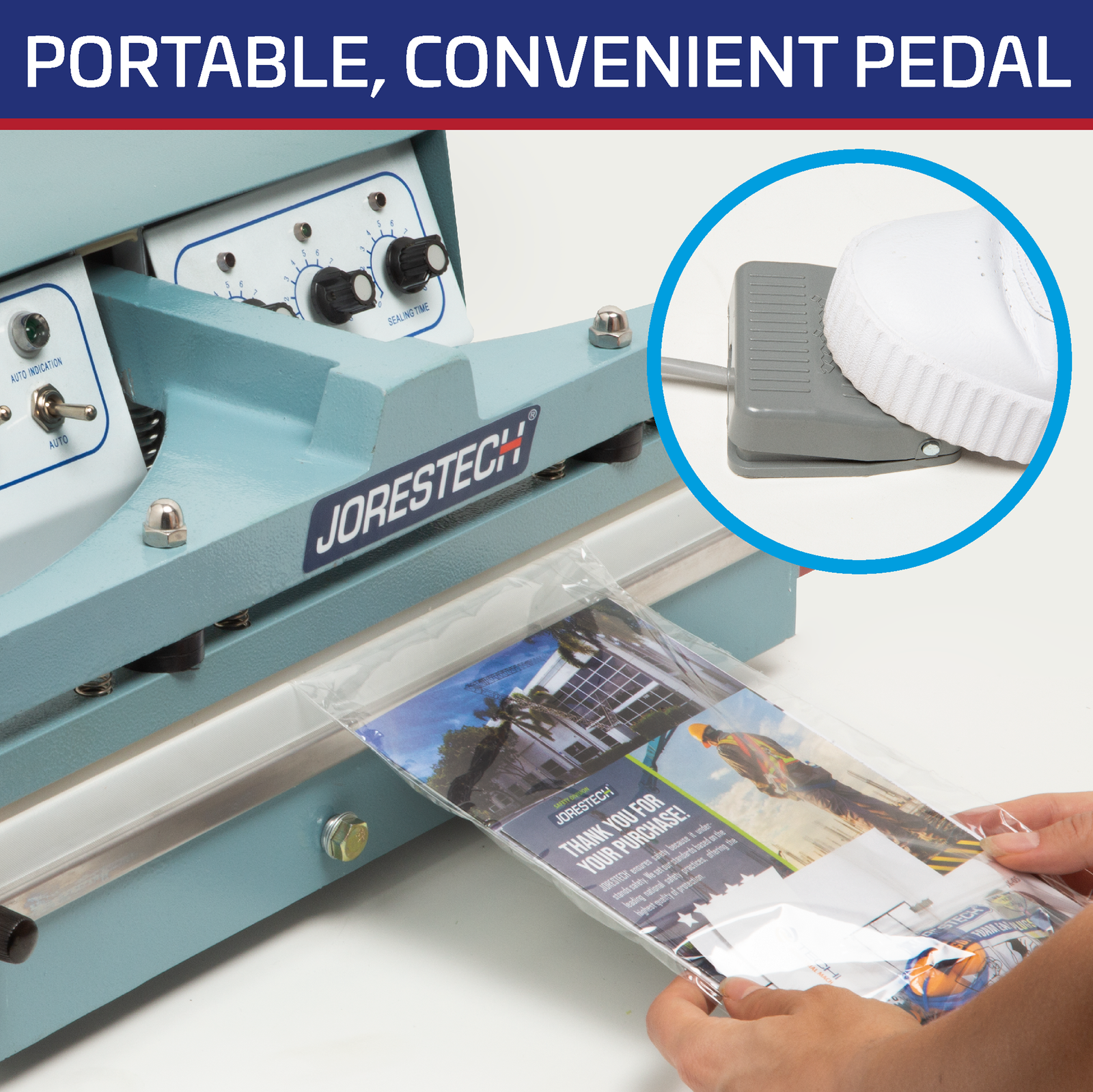 Titled reads: “Portable, Convenient Pedal” shows a promotional bundle being sealed inside a plastic bag with the jorestech tabletop foot sealer. There is also a highlighted showing the pedal being pressed to seal the bag.