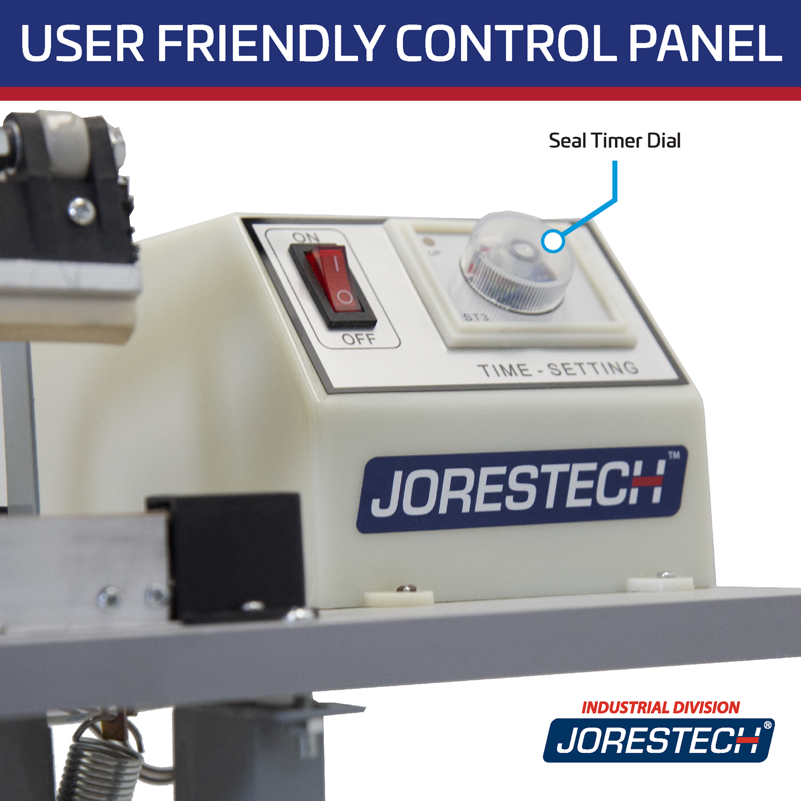 Titled reads: “User Friendly Control Panel” The image is zoomed in showing the details of the control panel and seal timer dial.