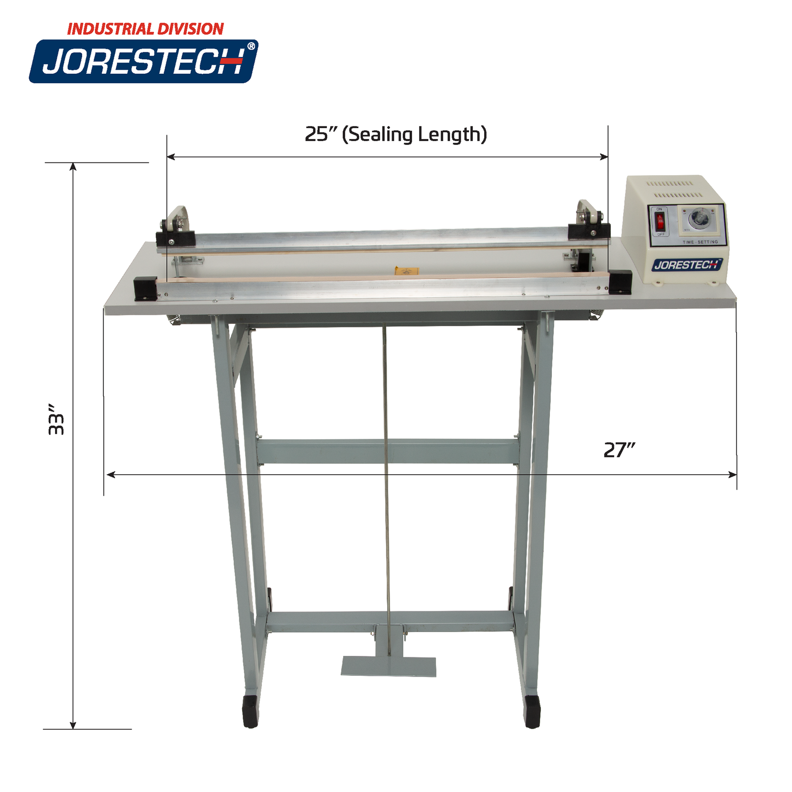 Infographic shows JORESTECH table top foot impulse sealer with machine measurements. Machine measurements are 27