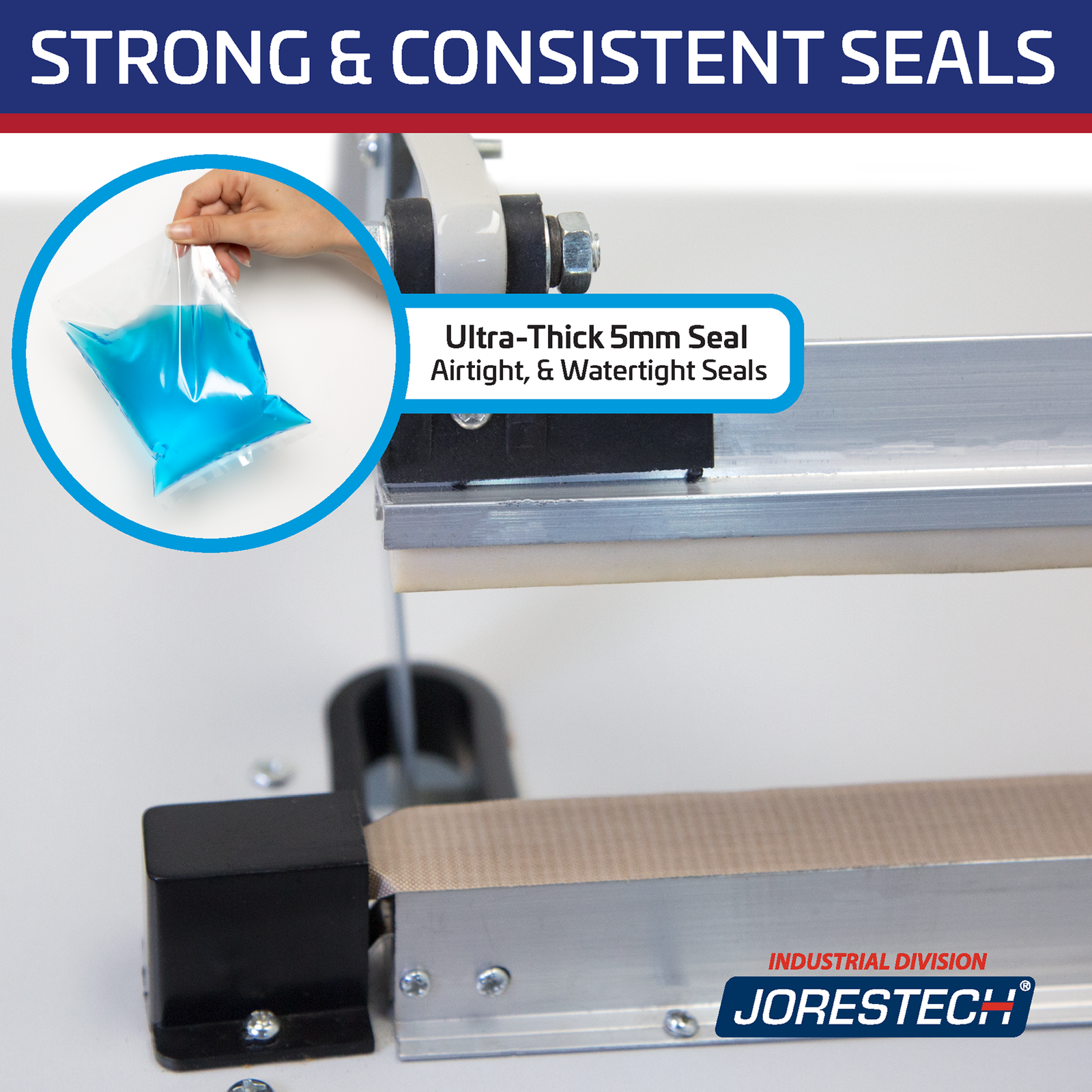 Titled reads: “strong and consistent seals” Zoom showing the sealing element. A Highlighted feature reads 