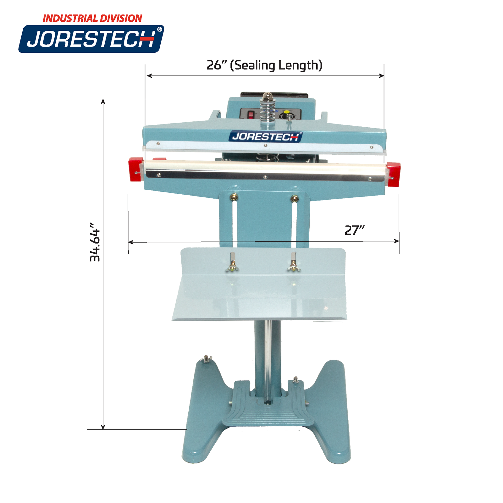 Infographic shows the JORES TECHNOLOGIES® foot impulse sealer with machine measurements. Machine measurements are 27