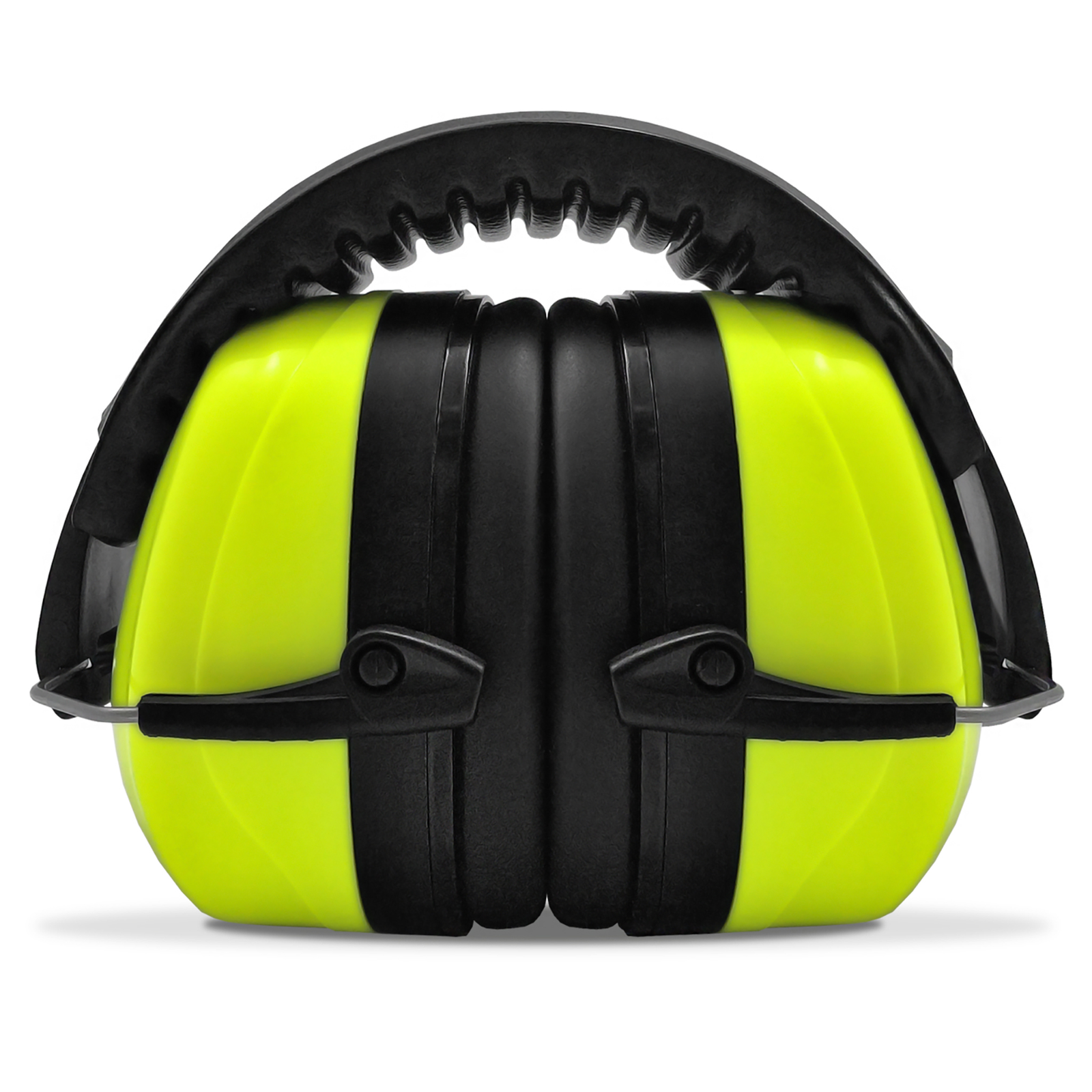 Front view of the 27DB NRR noise cancelling JORESTECH high visibility yellow earmuff over white background
