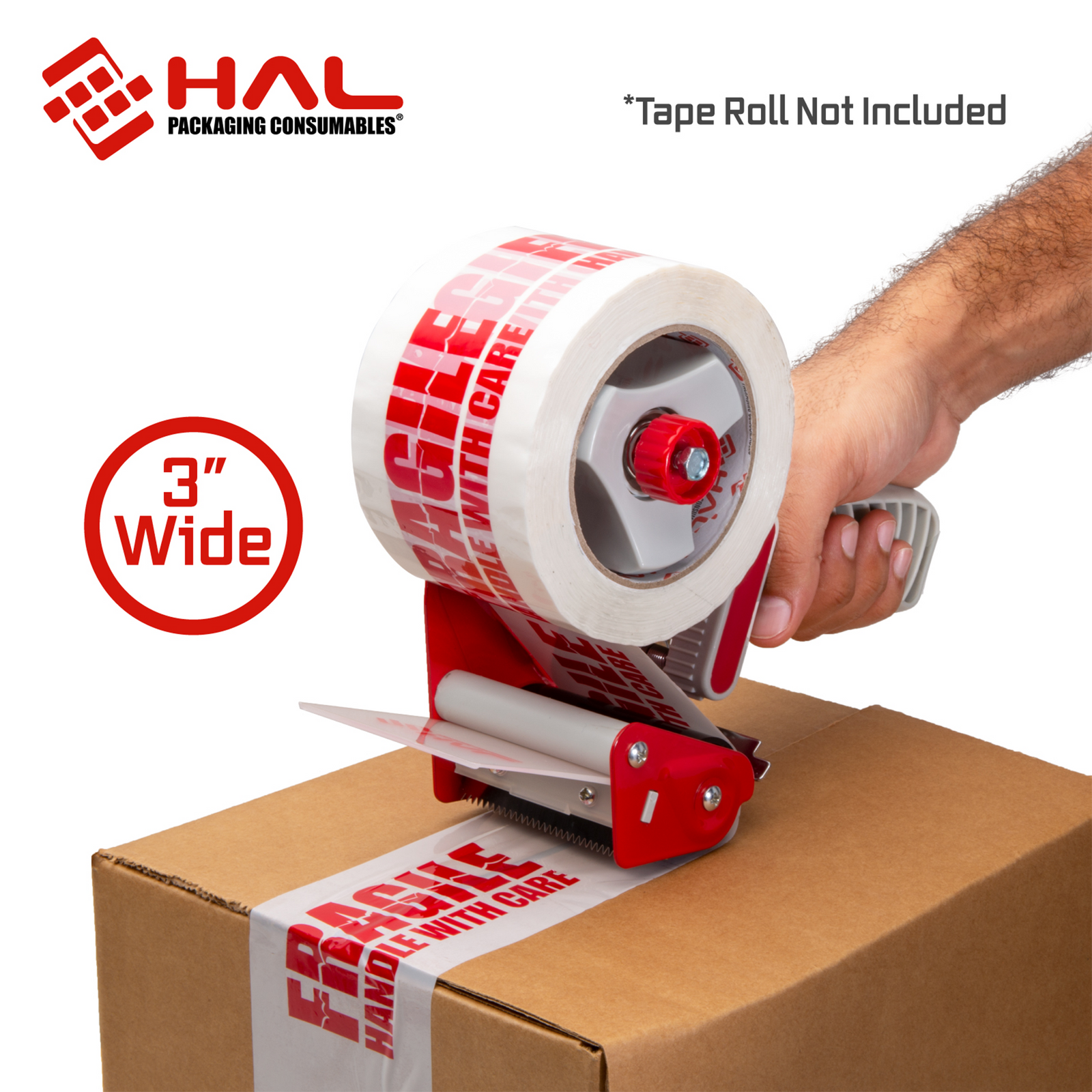 man closing a box with red and white heavy duty tape dispenser using white tape with stop sign printed. Features the red HAL logo and 3