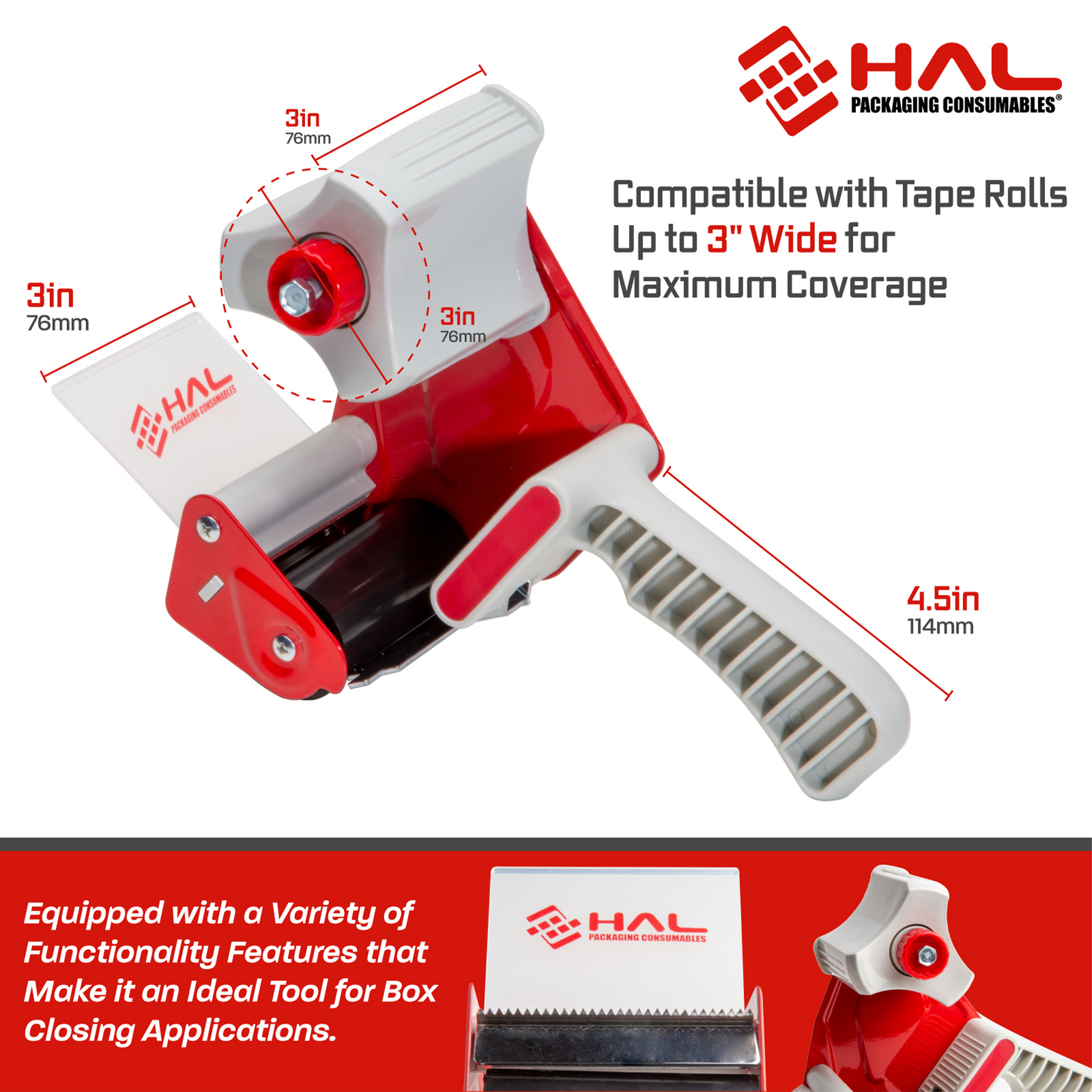 white and red Diagram showing grey/red tape dimensions compatible with tape dispenser