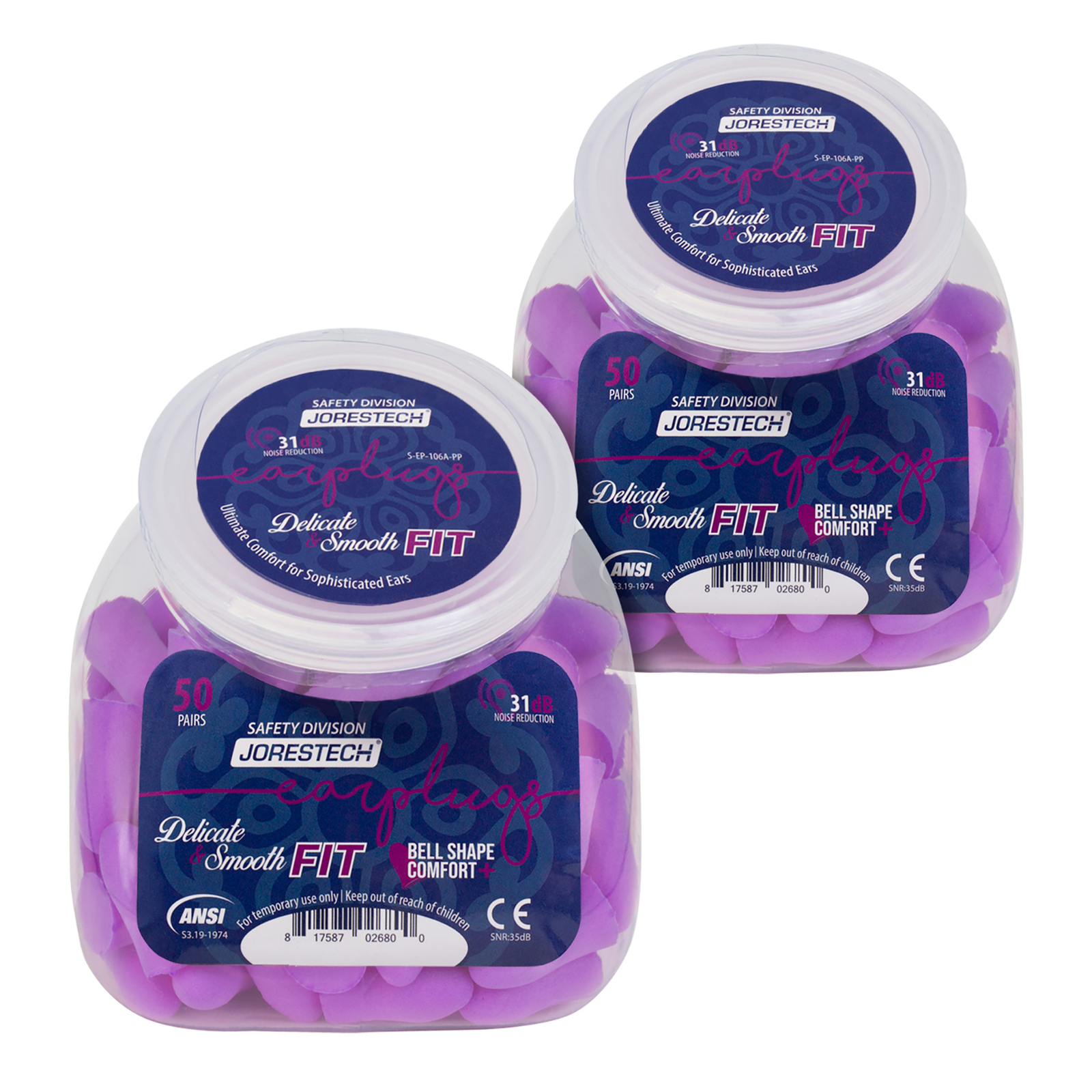 2 containers by side side of 50 pairs of noise canceling ear plugs each