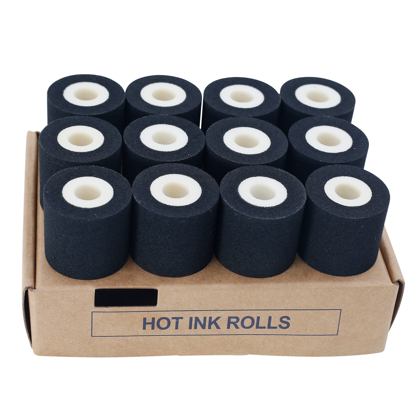 Pack of12 rolls of 32mm black hot ink stamp rolls positioned on top of their original card box