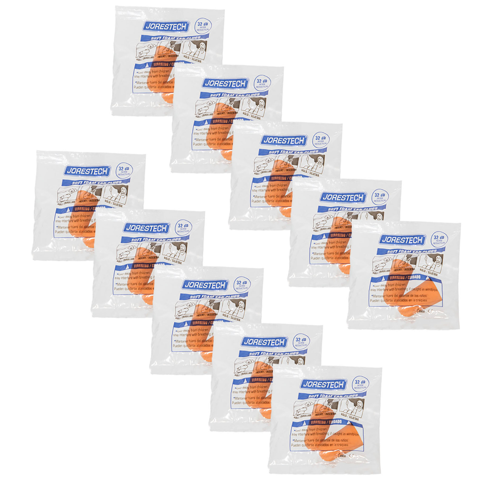 Pack of 200 pairs of individually packed JORESTECH® soft foam 32DB-NRR ear plugs over white background